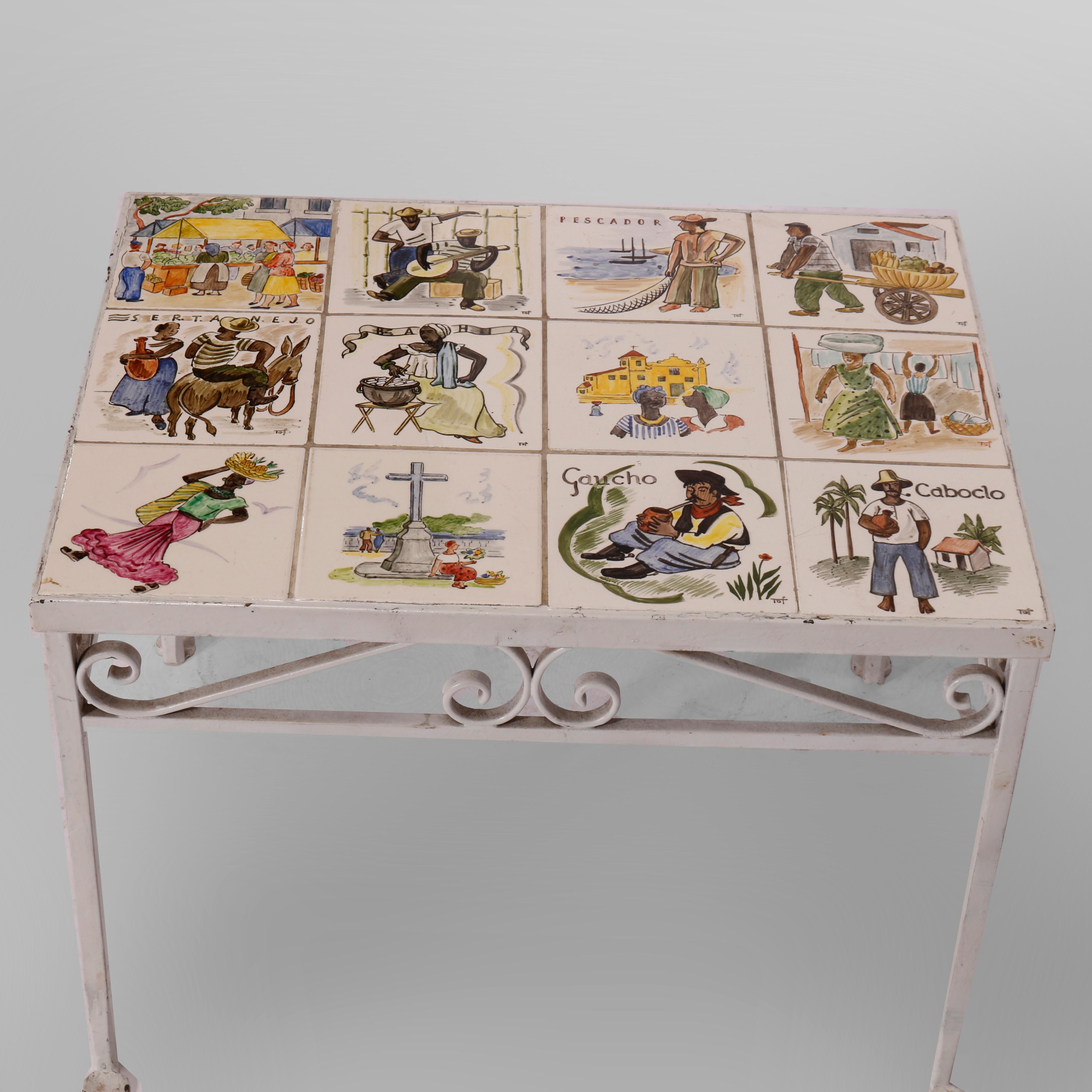 Antique Arts & Crafts Spanish Wrought Iron & Tile Top Table, Genre Scenes, 1930 For Sale 6