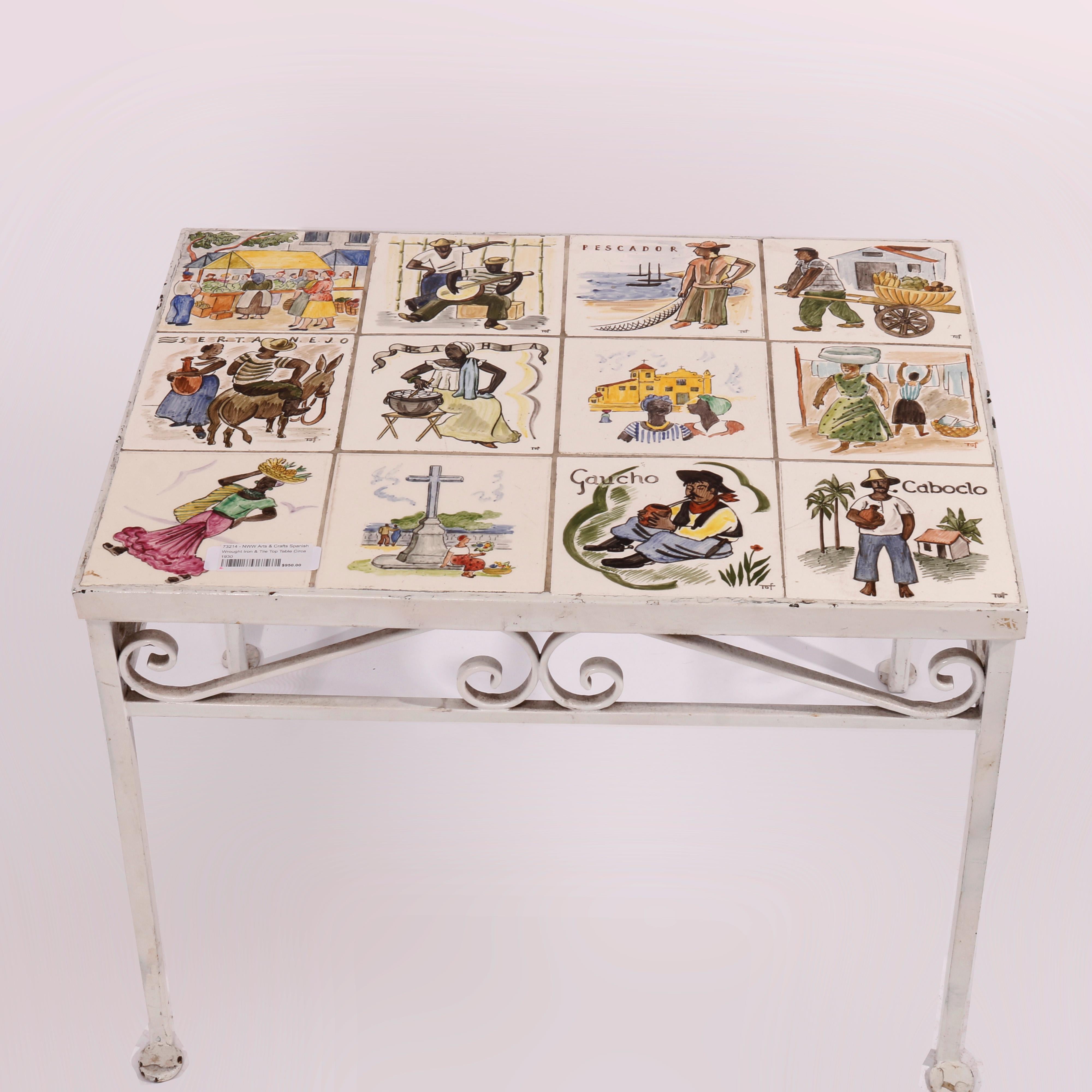 Arts and Crafts Antique Arts & Crafts Spanish Wrought Iron & Tile Top Table, Genre Scenes, 1930 For Sale