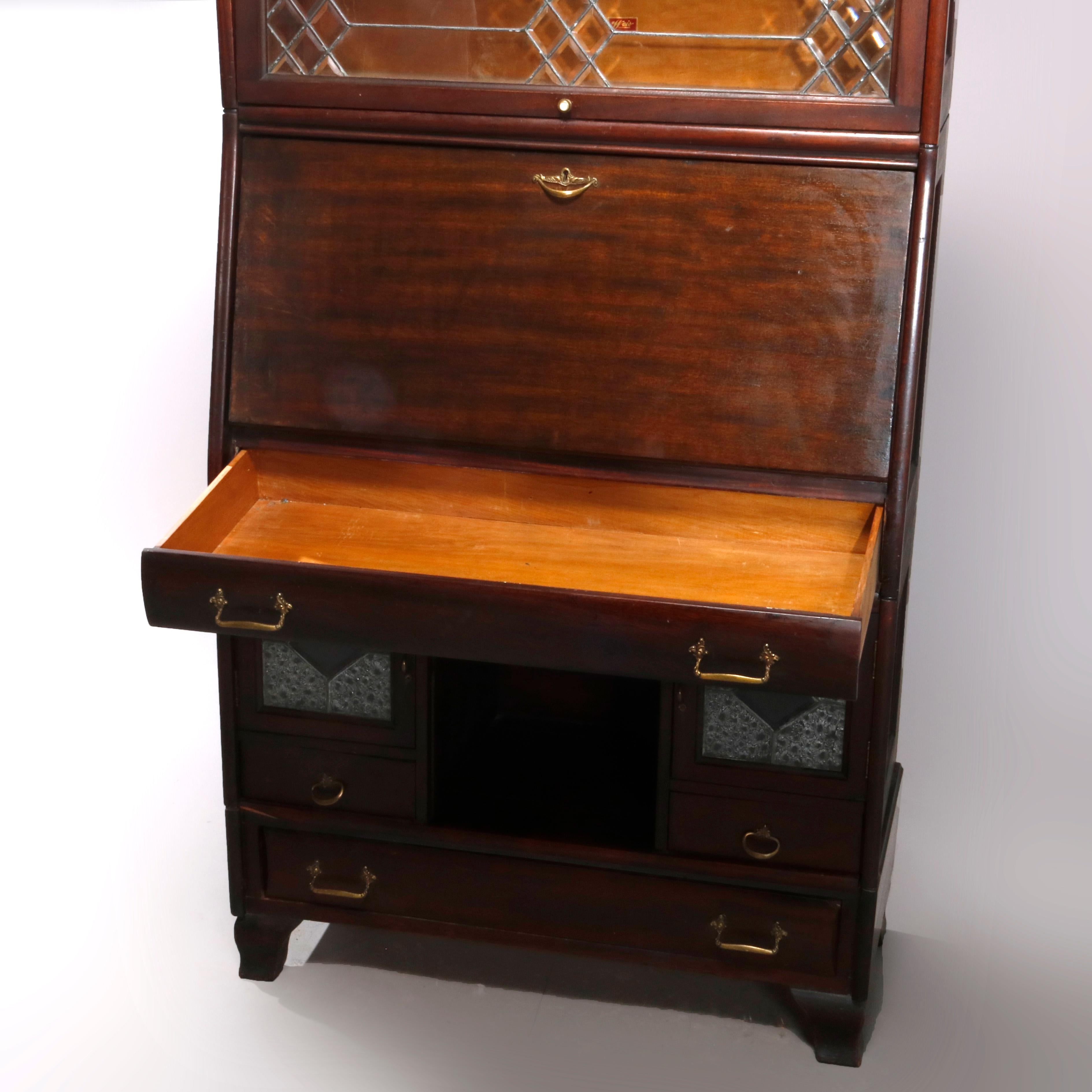 American Arts & Crafts Stacking Barrister Bookcase and Desk with Leaded Glass, circa 1910