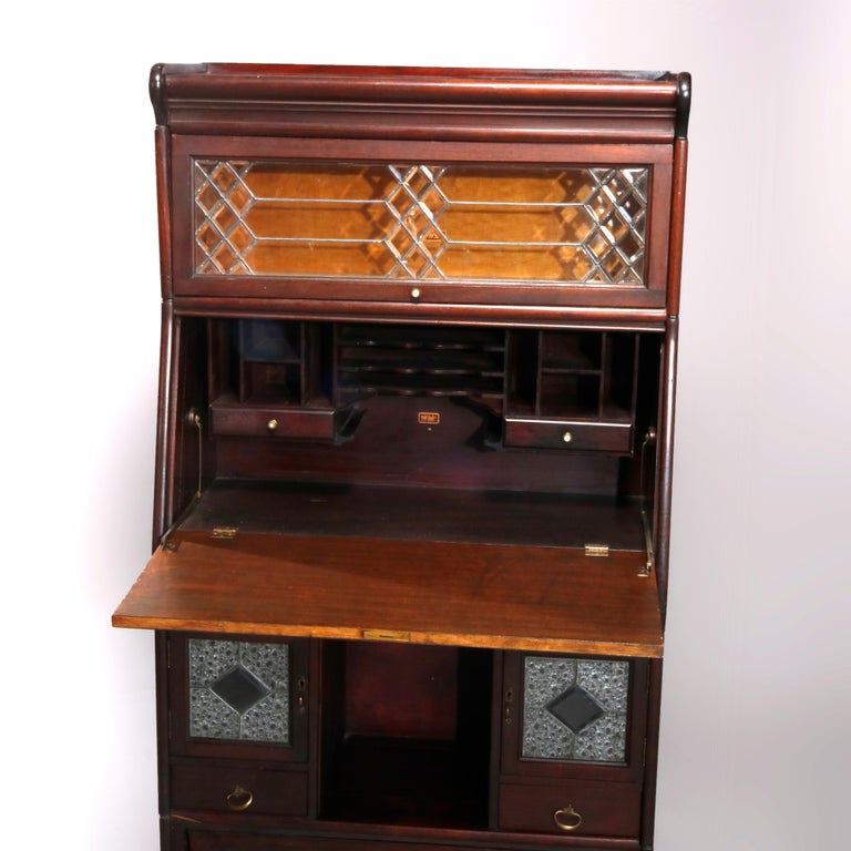 Arts and Crafts Stacking Barrister Bookcase and Desk with Leaded Glass