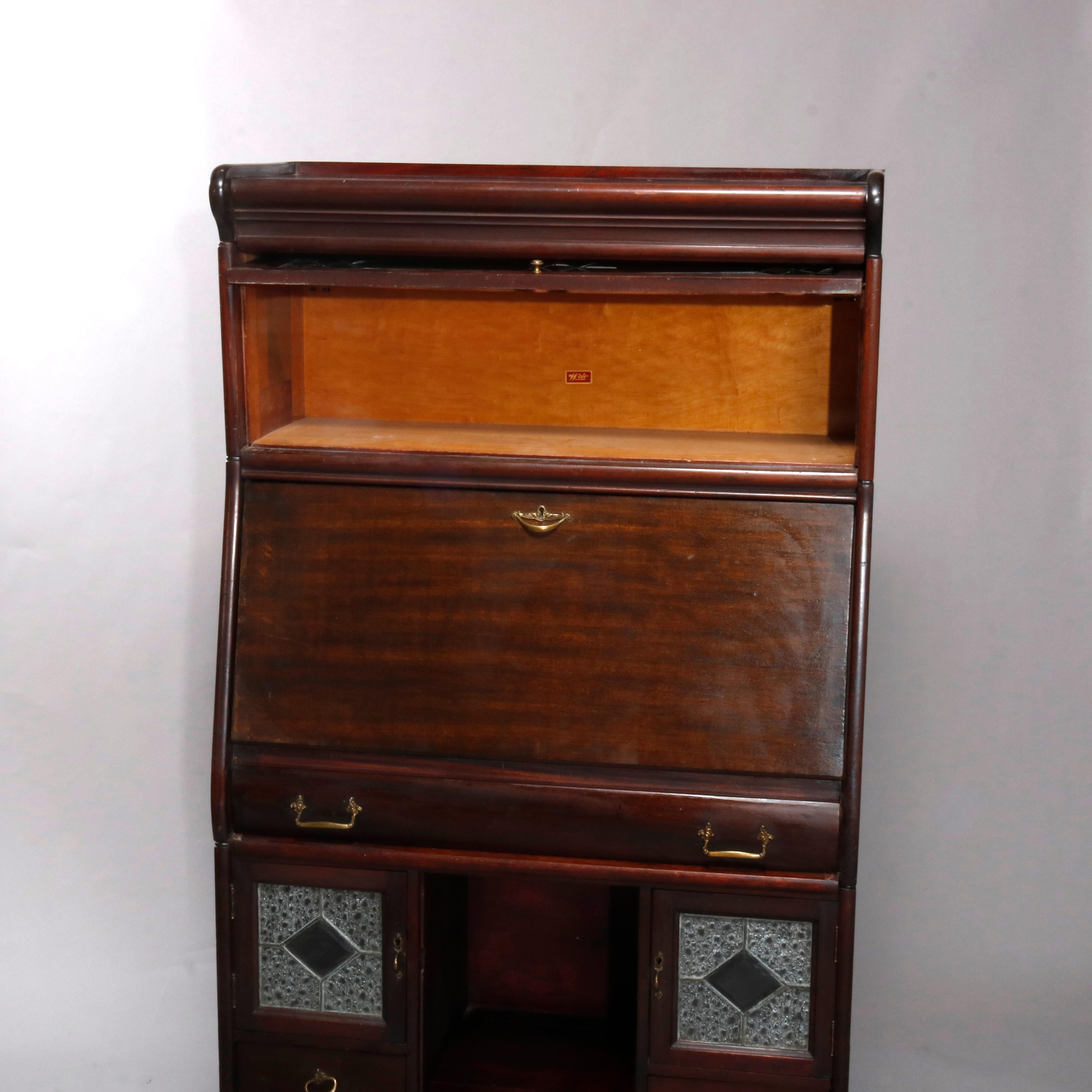 20th Century Arts & Crafts Stacking Barrister Bookcase and Desk with Leaded Glass, circa 1910
