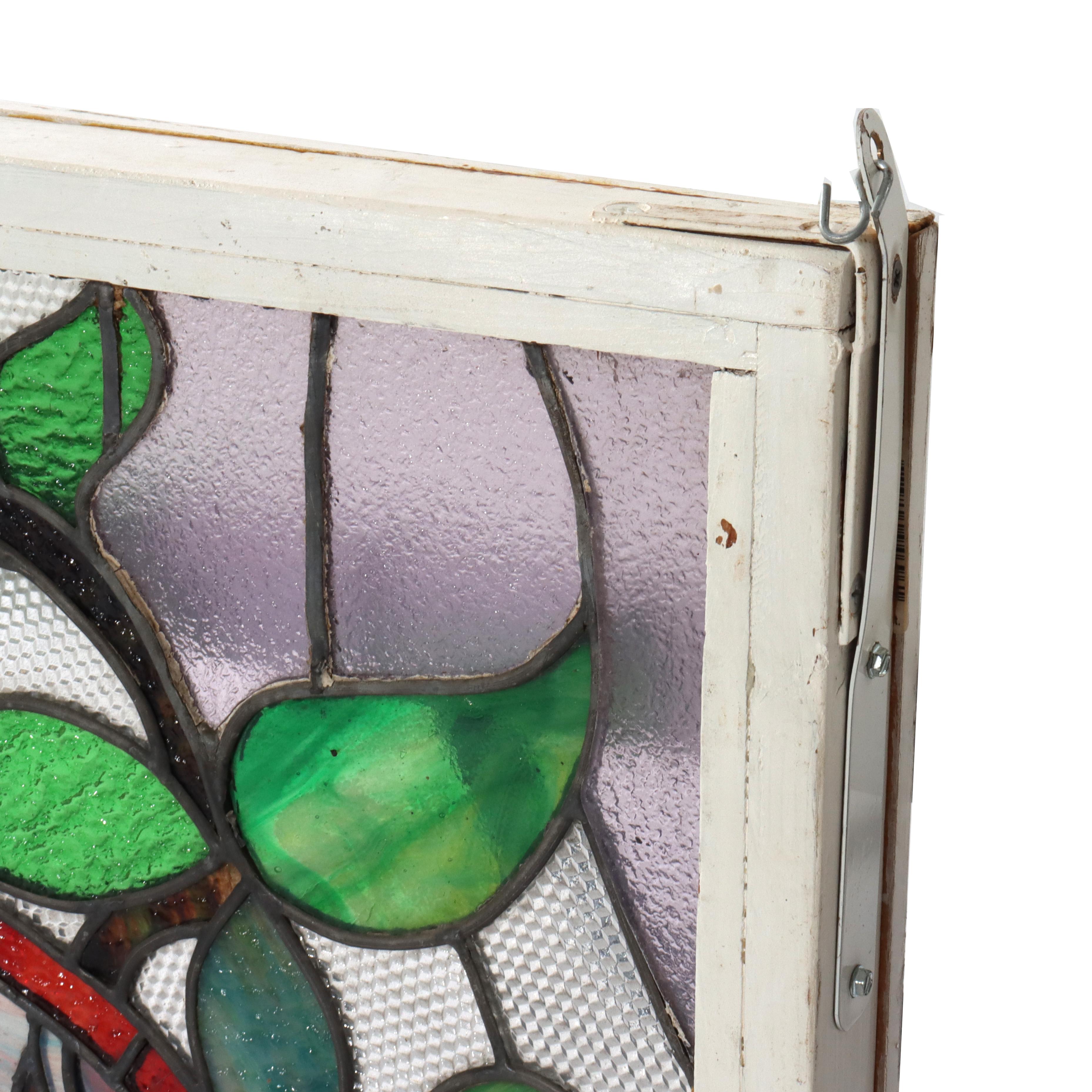 Antique Arts & Crafts Stained Leaded Glass Scenic & Foliate Window c1920 For Sale 4