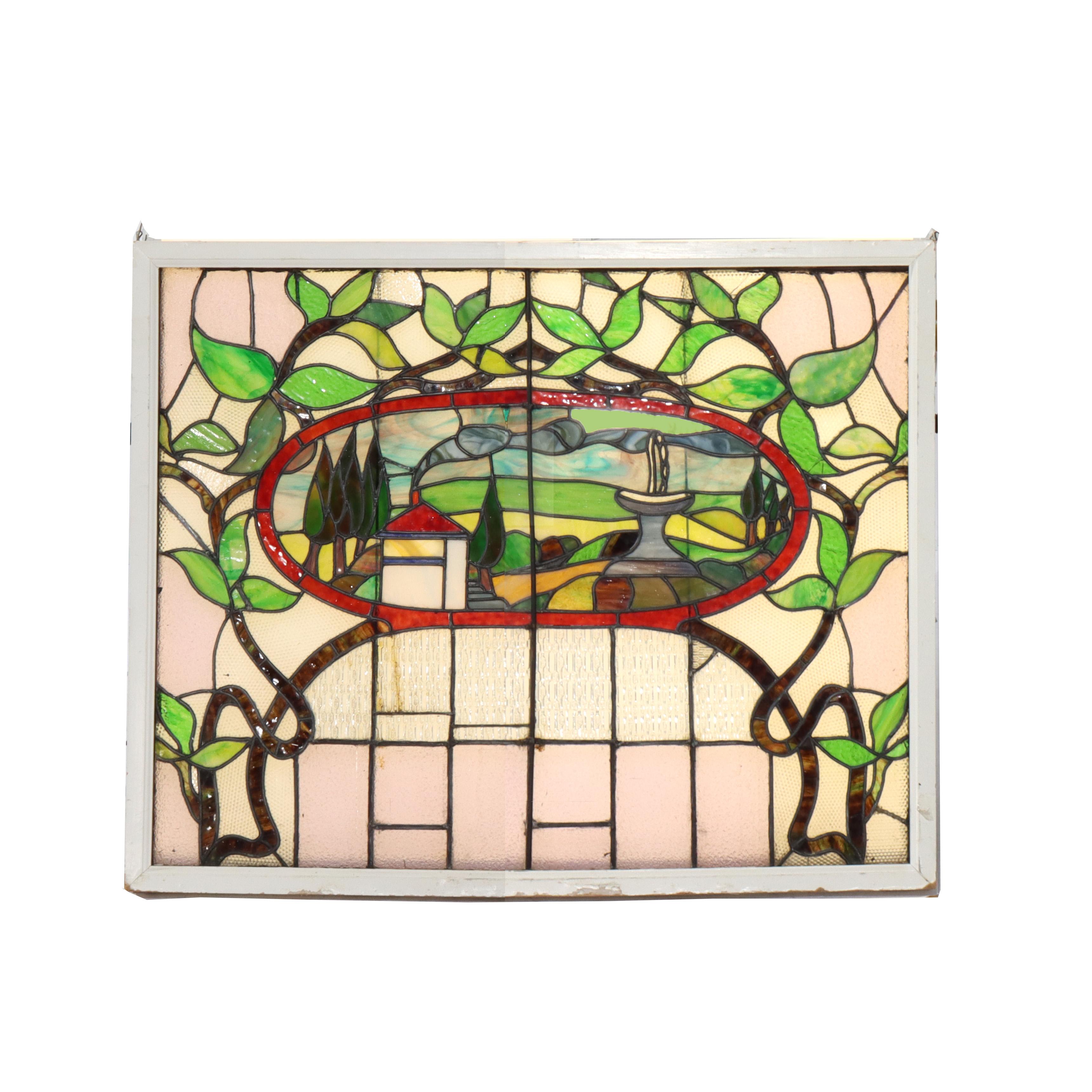 ***Reduced In-House Delivery Rates - Click on “Ask Seller” to Request a Quote***
Antique Arts & Crafts Stained Leaded Glass Scenic & Foliate Window C1920
Measures - 42