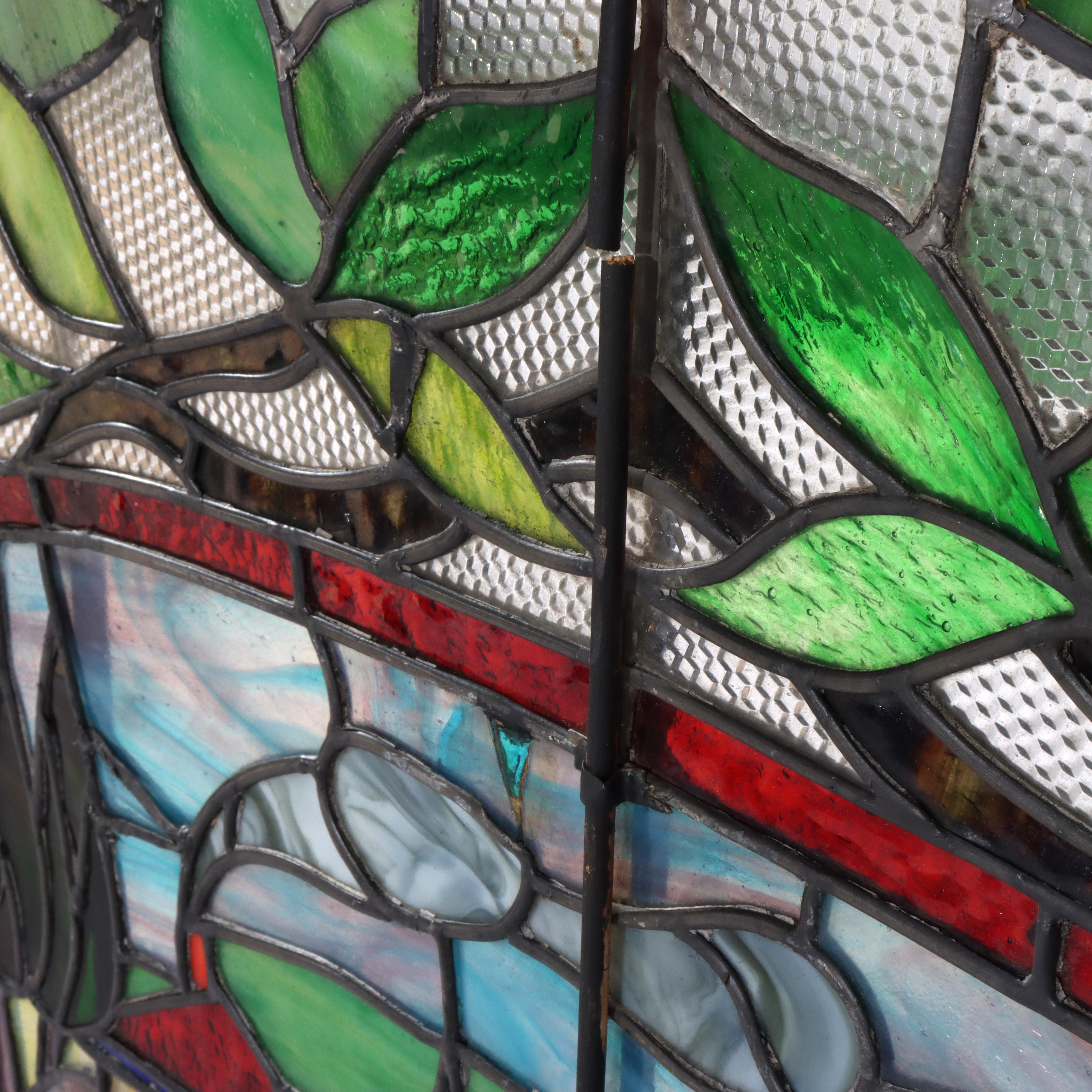 Arts and Crafts Antique Arts & Crafts Stained Leaded Glass Scenic & Foliate Window c1920 For Sale