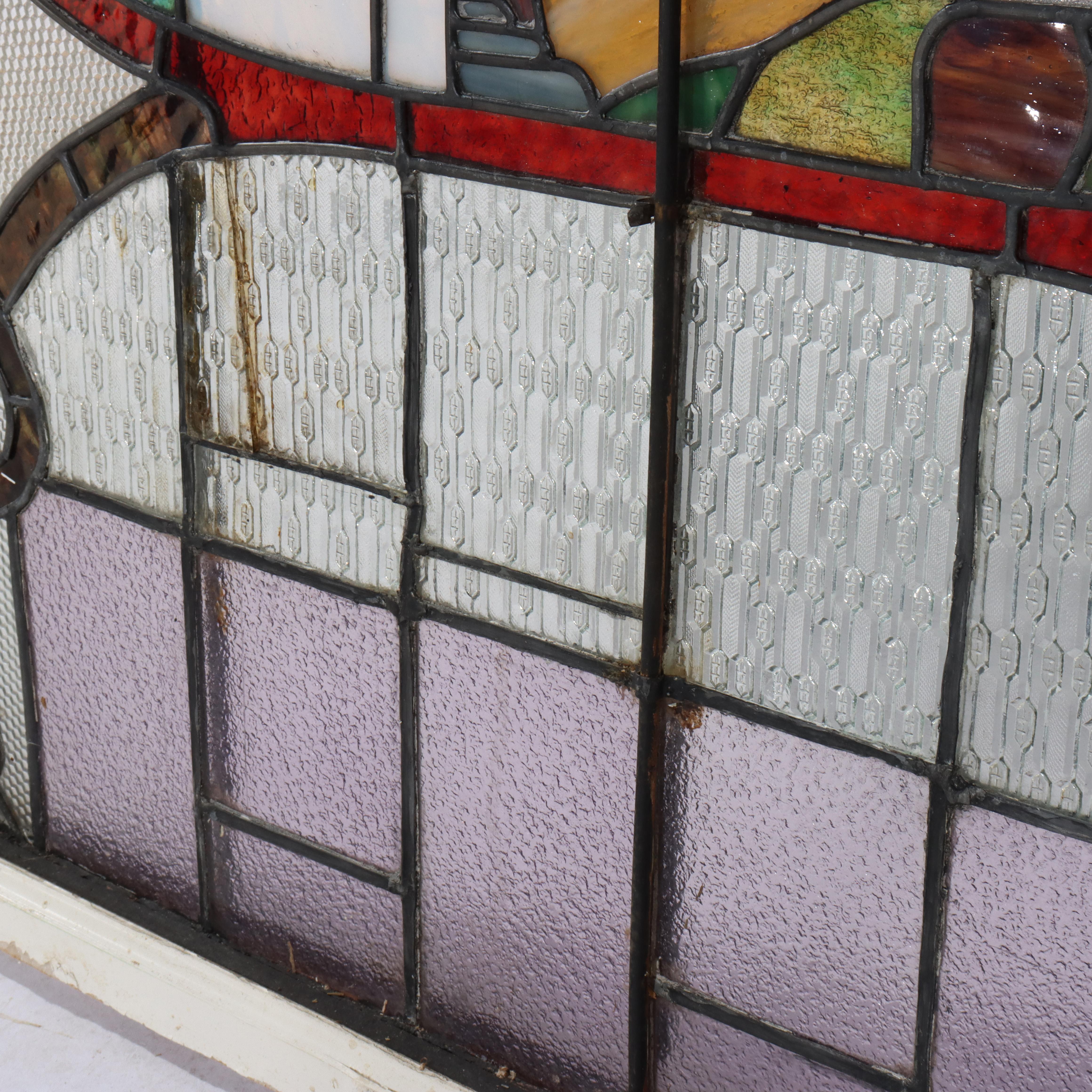 Antique Arts & Crafts Stained Leaded Glass Scenic & Foliate Window c1920 In Good Condition For Sale In Big Flats, NY