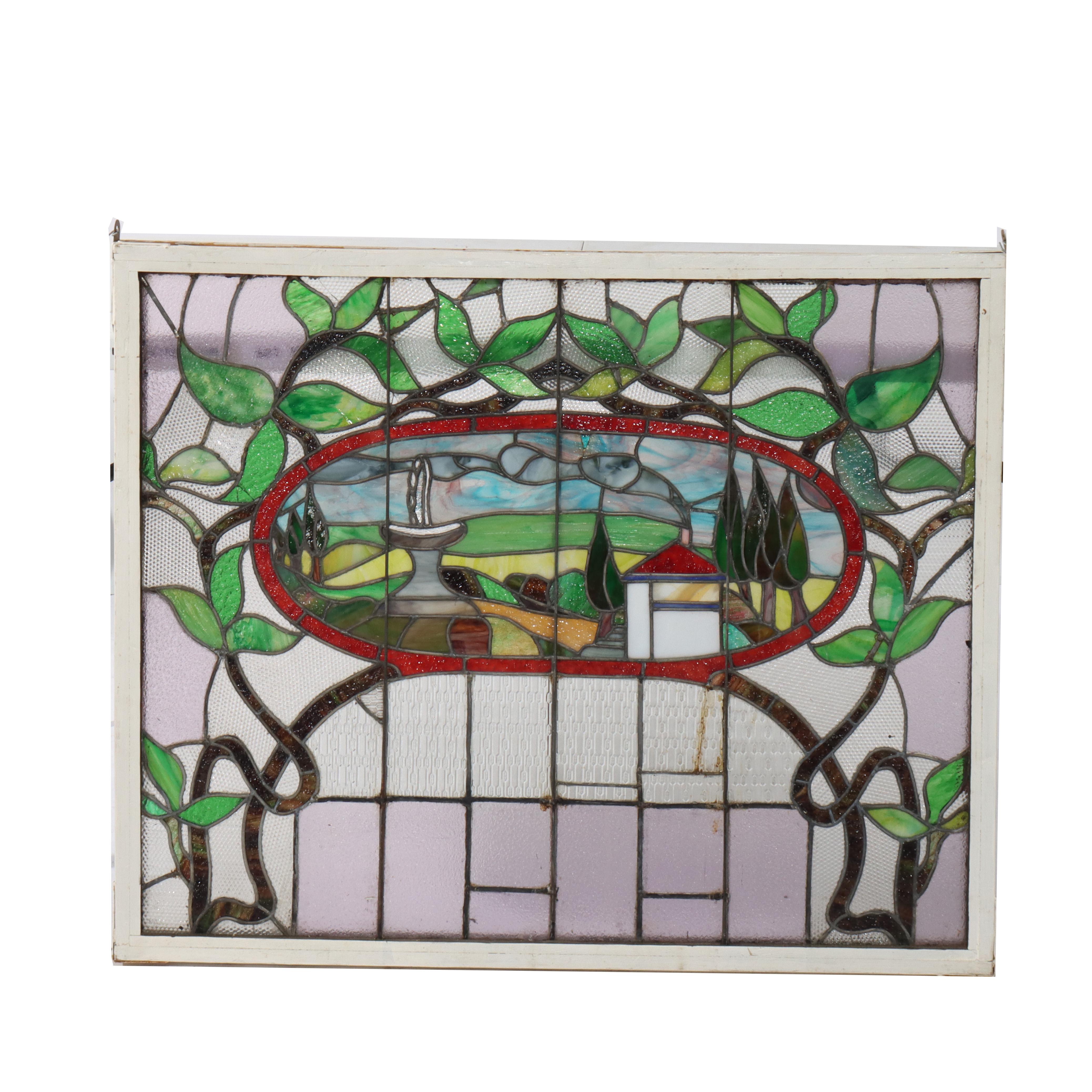 Stained Glass Antique Arts & Crafts Stained Leaded Glass Scenic & Foliate Window c1920 For Sale