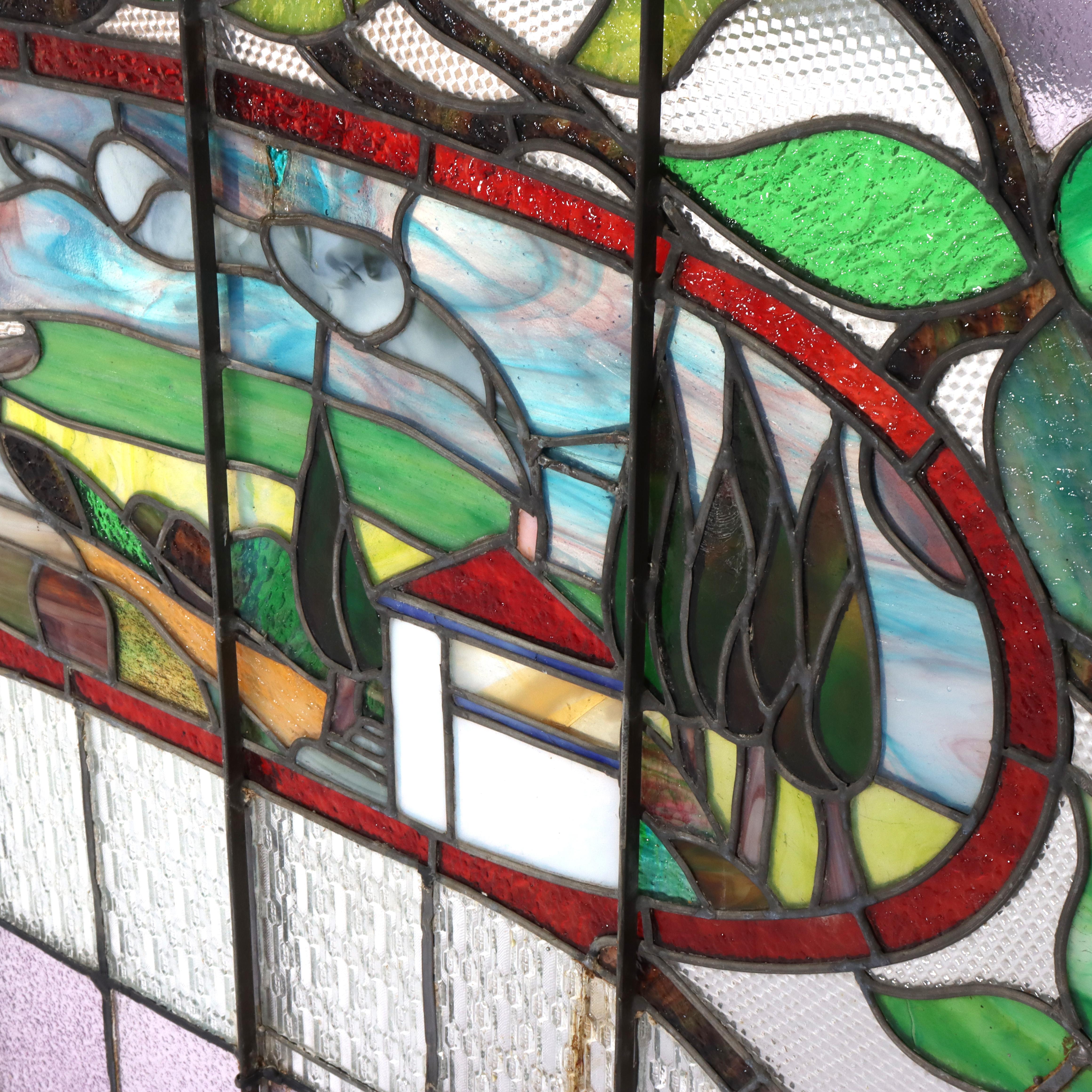 Antique Arts & Crafts Stained Leaded Glass Scenic & Foliate Window c1920 For Sale 1