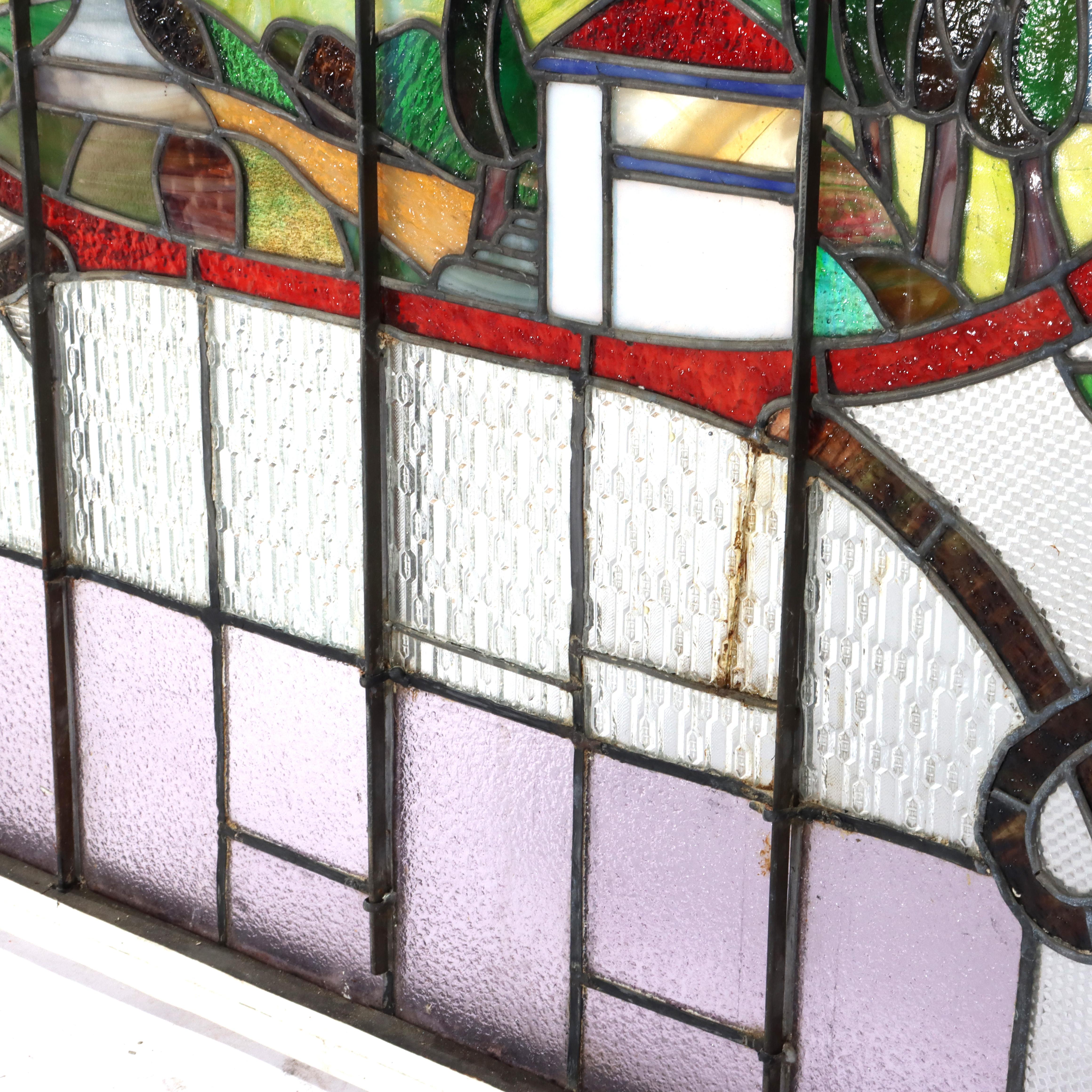 Antique Arts & Crafts Stained Leaded Glass Scenic & Foliate Window c1920 For Sale 2