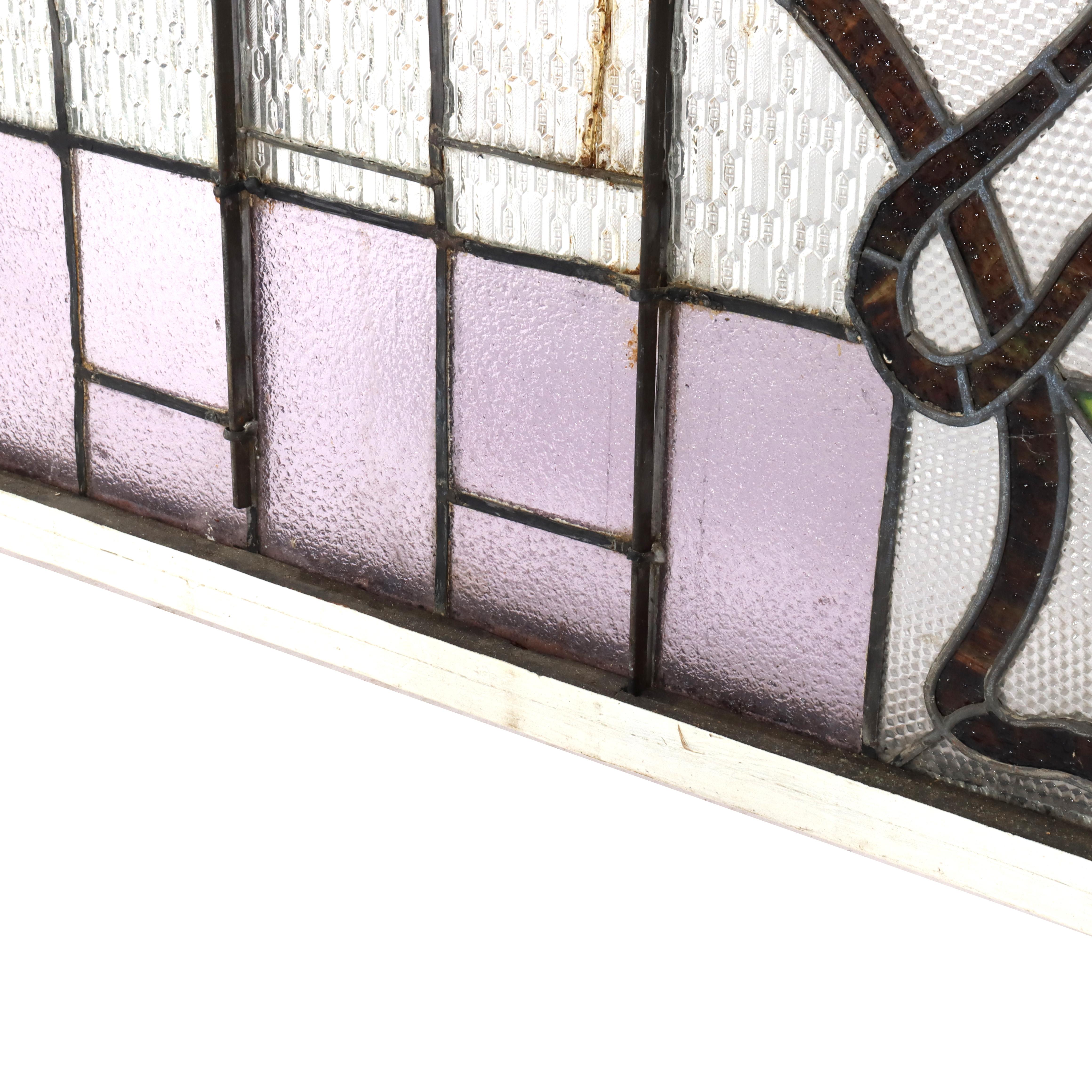 Antique Arts & Crafts Stained Leaded Glass Scenic & Foliate Window c1920 For Sale 3