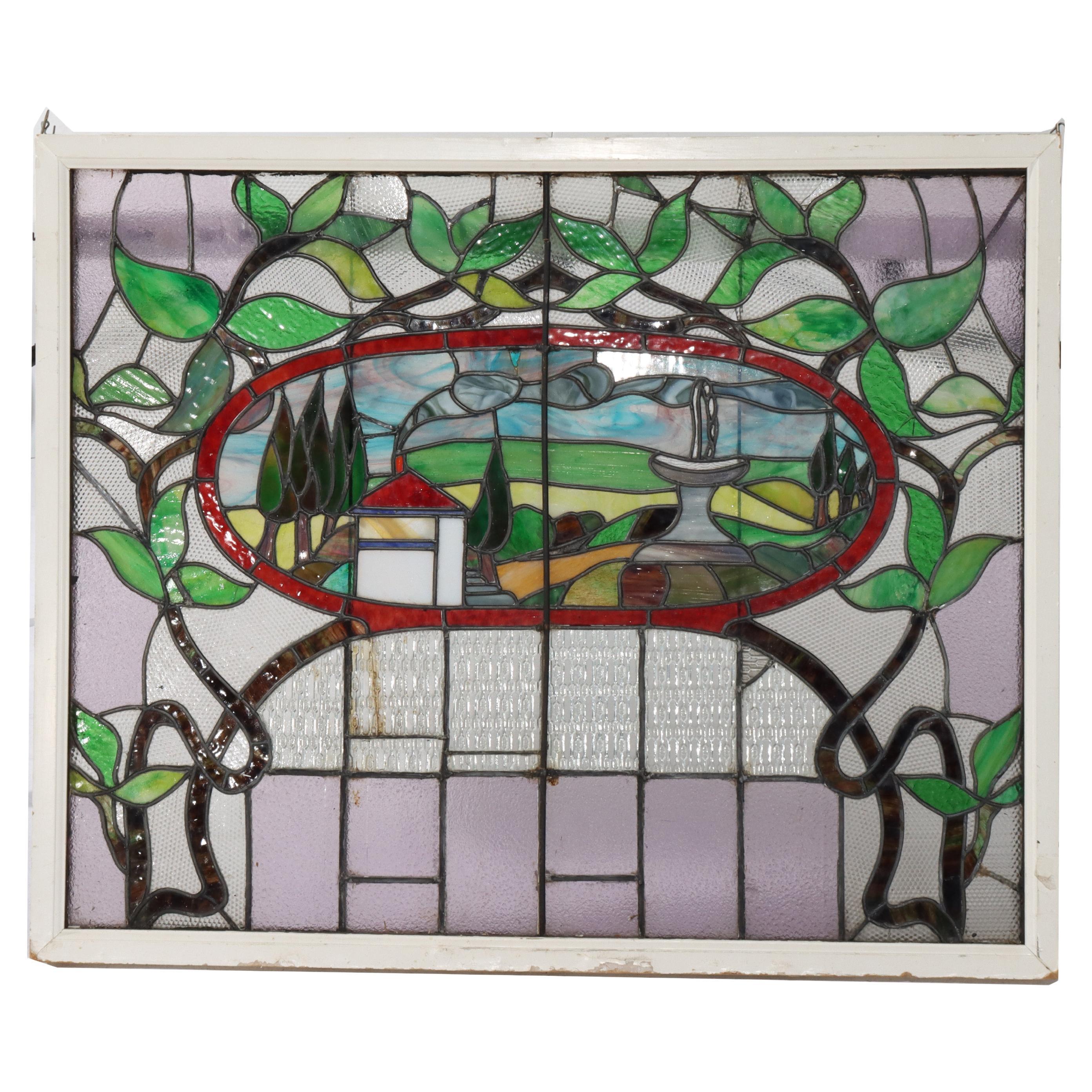 Antike Arts & Crafts Stained glass Scenic & Foliate Fenster c1920