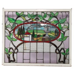 Antique Arts & Crafts Stained Leaded Glass Scenic & Foliate Window c1920