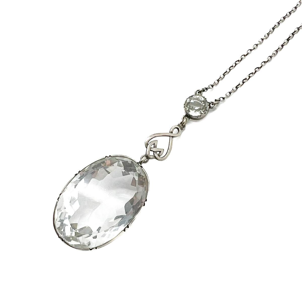 Antique Arts & Crafts Sterling Silver & Rock Crystal Pendant Necklace 1900s For Sale 1