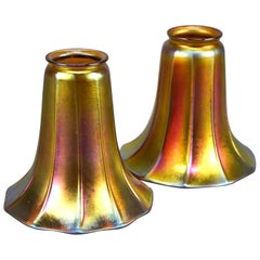 Antique Arts & Crafts Steuben Gold Aurene Flared Panel Art Glass Shades c1920