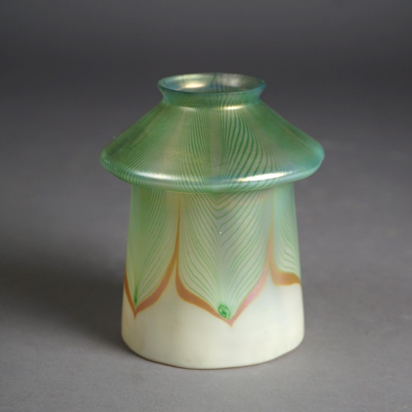 Antique Arts & Crafts Steuben Green Art Glass Shade with Pulled Feather C1920 In Good Condition In Big Flats, NY