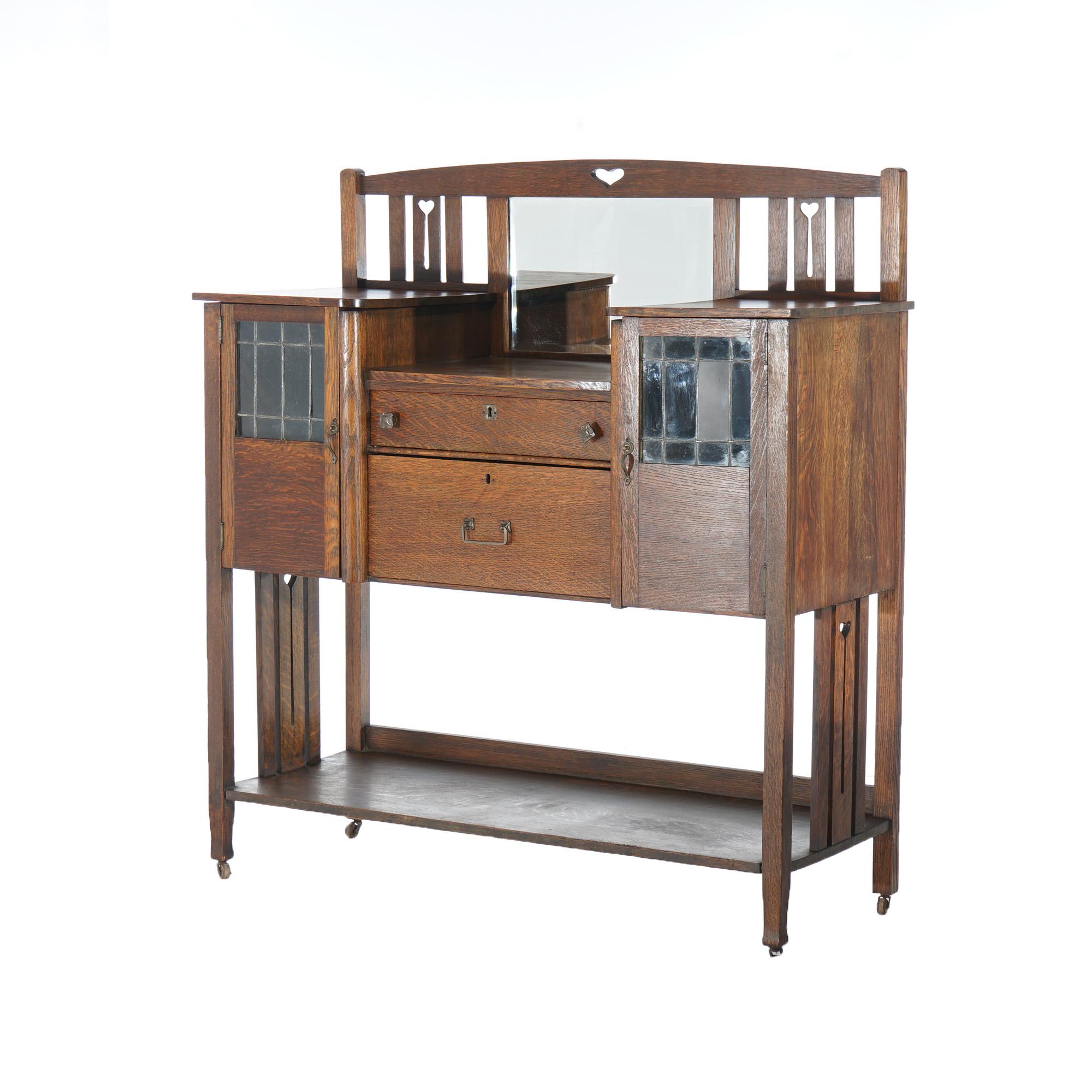 American Antique Arts & Crafts Stickley Bros Mission Oak & Leaded Glass Sideboard C1910 For Sale