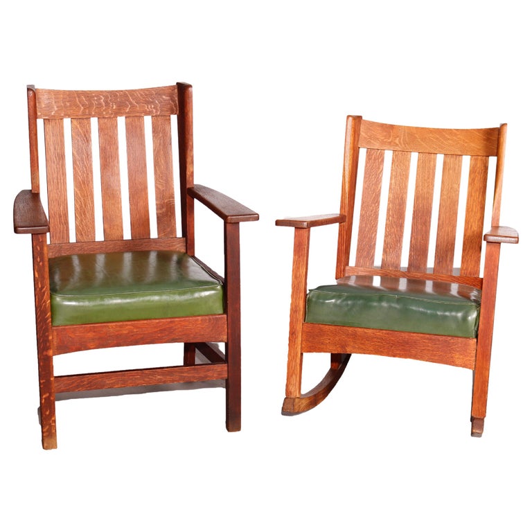Antique Arts & Crafts Stickley Brothers Mission Oak Wing Chair & Rocker, 1910 For Sale