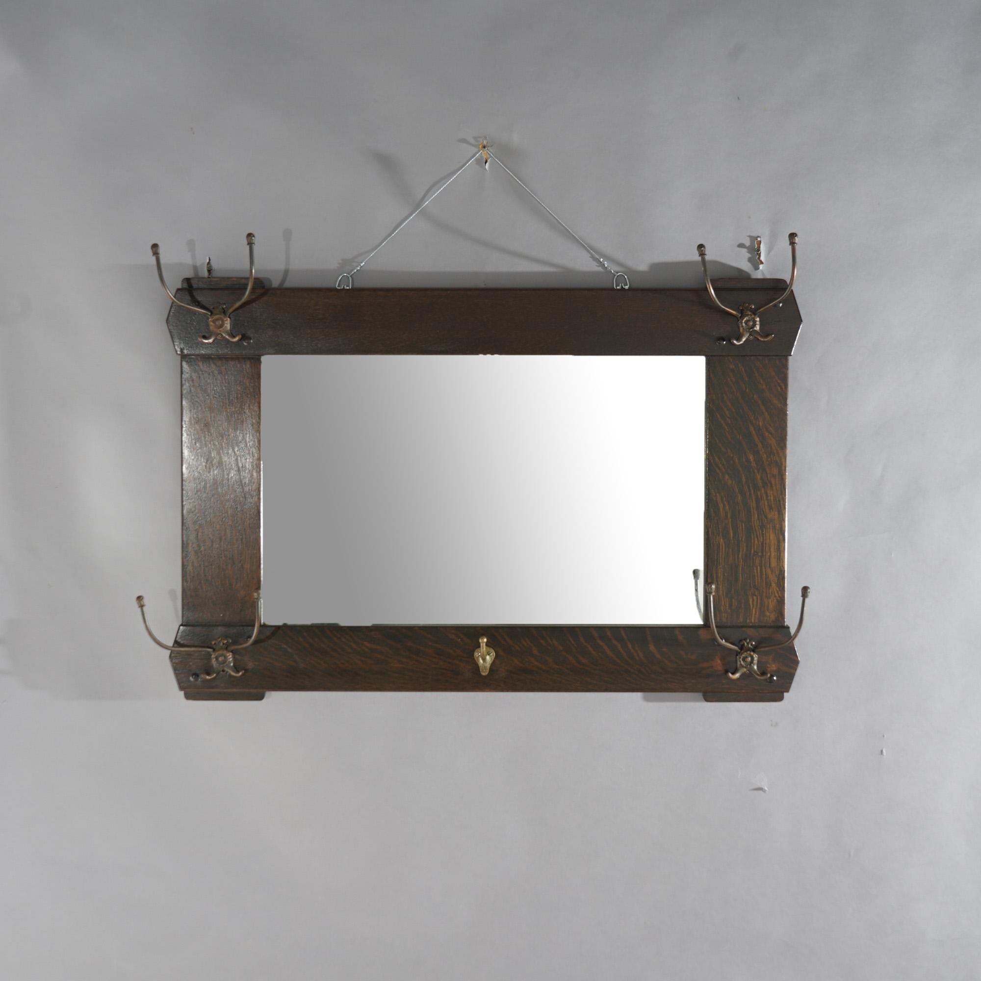 Antique Arts & Crafts Stickley Brothers School Oak Hall Mirror & Hat Hooks c1910

Measures- 24.5''H x 36.5''W x 5''D