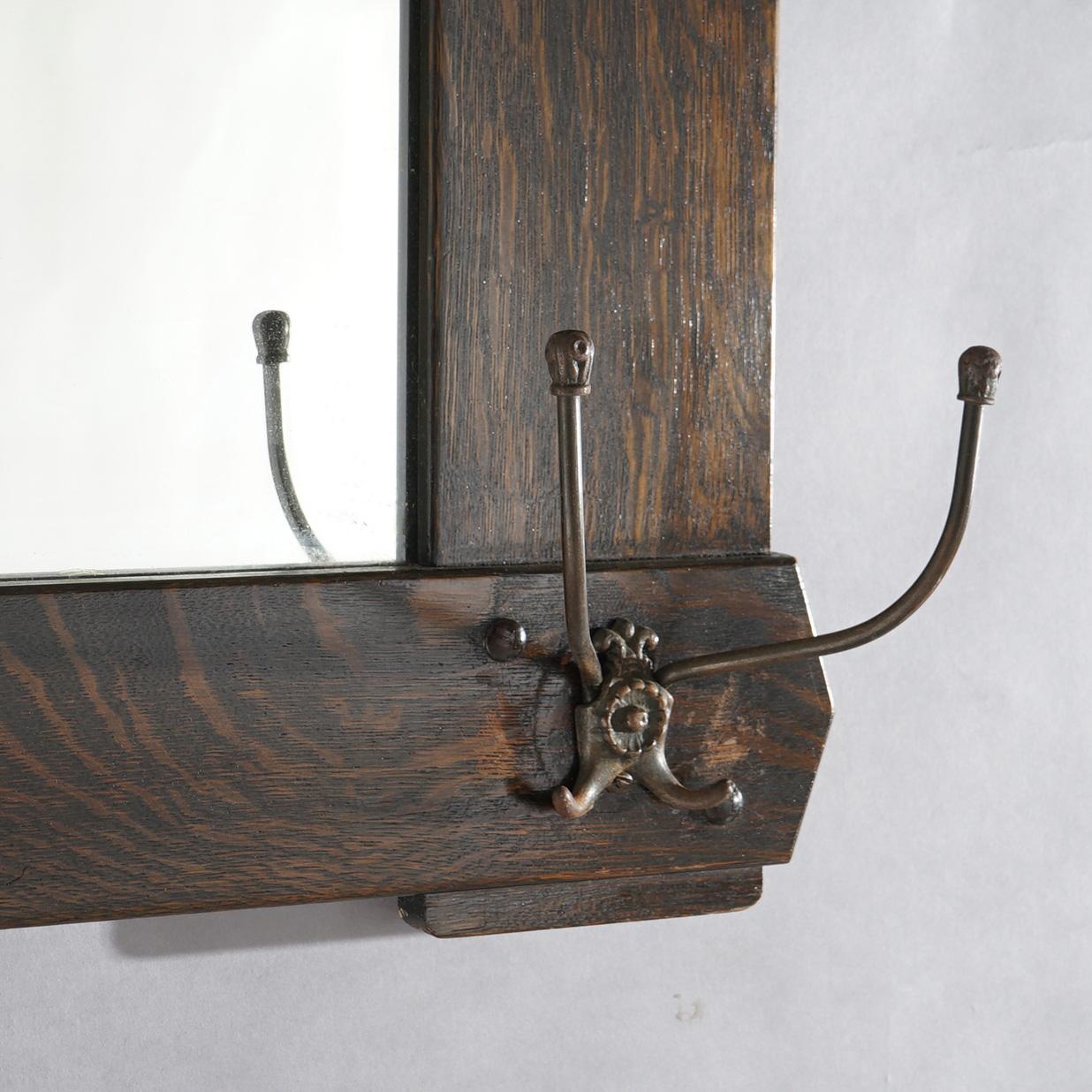 20th Century Antique Arts & Crafts Stickley Brothers School Oak Hall Mirror & Hat Hooks c1910 For Sale