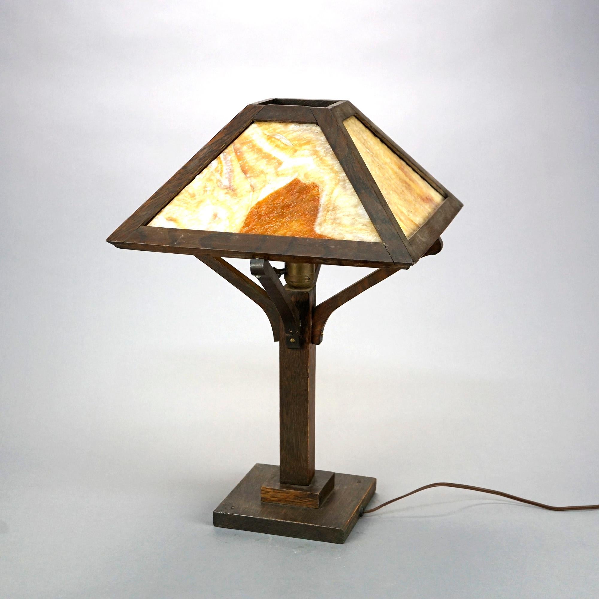 20th Century Antique Arts & Crafts Stickley Prairie School Slag Glass & Oak Table Lamp, C1910