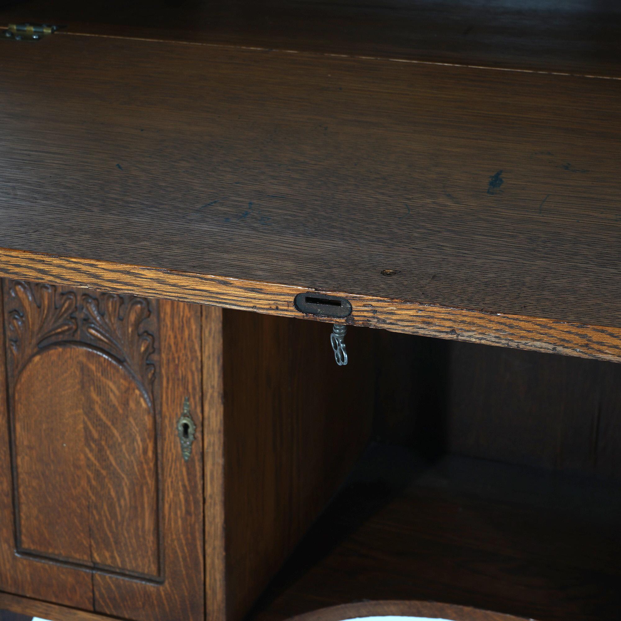 Antique Arts & Crafts Stickley School Carved Oak Drop Front Desk C1920 8