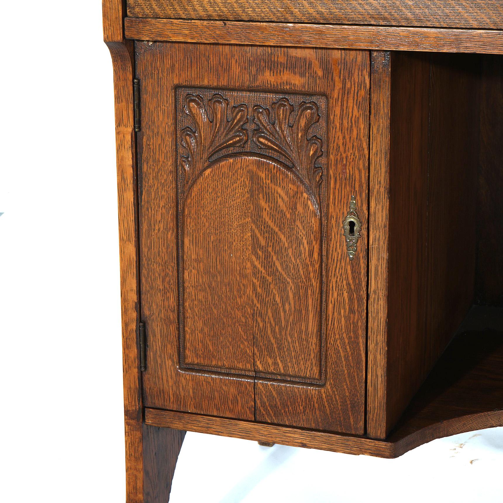 Antique Arts & Crafts Stickley School Carved Oak Drop Front Desk C1920 9