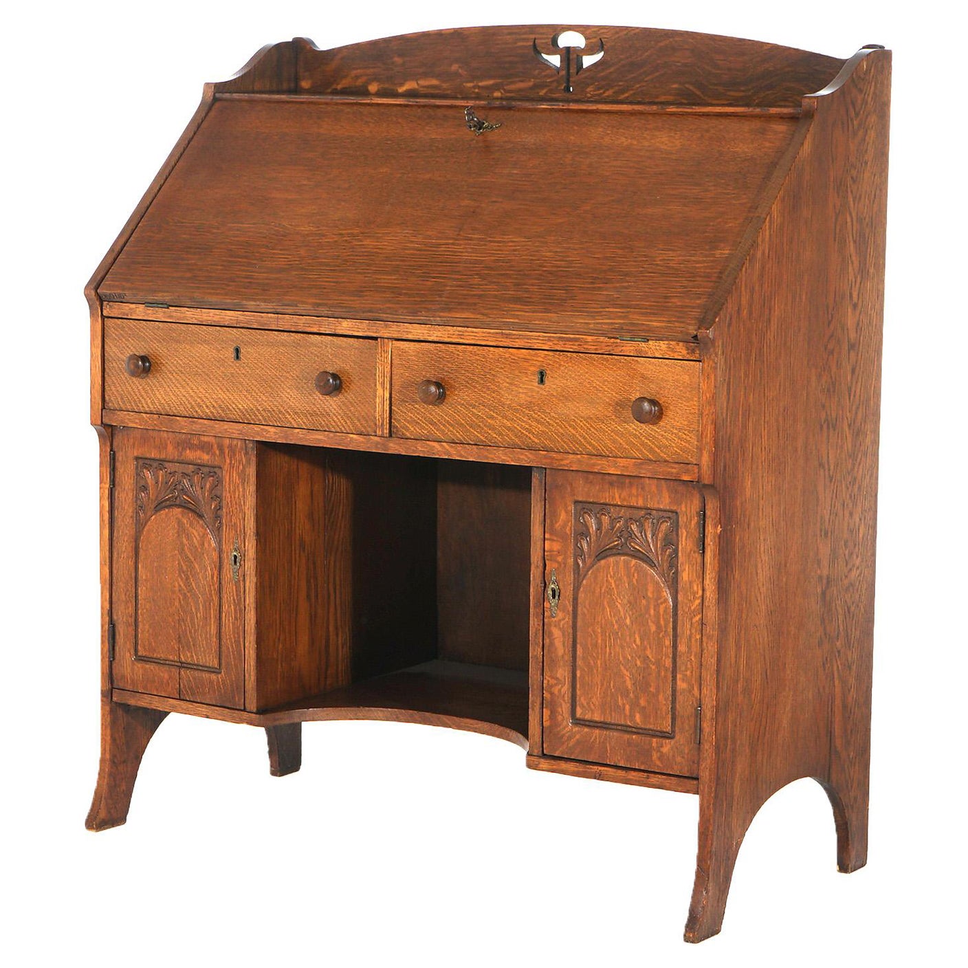 Antique Arts & Crafts Stickley School Carved Oak Drop Front Desk C1920