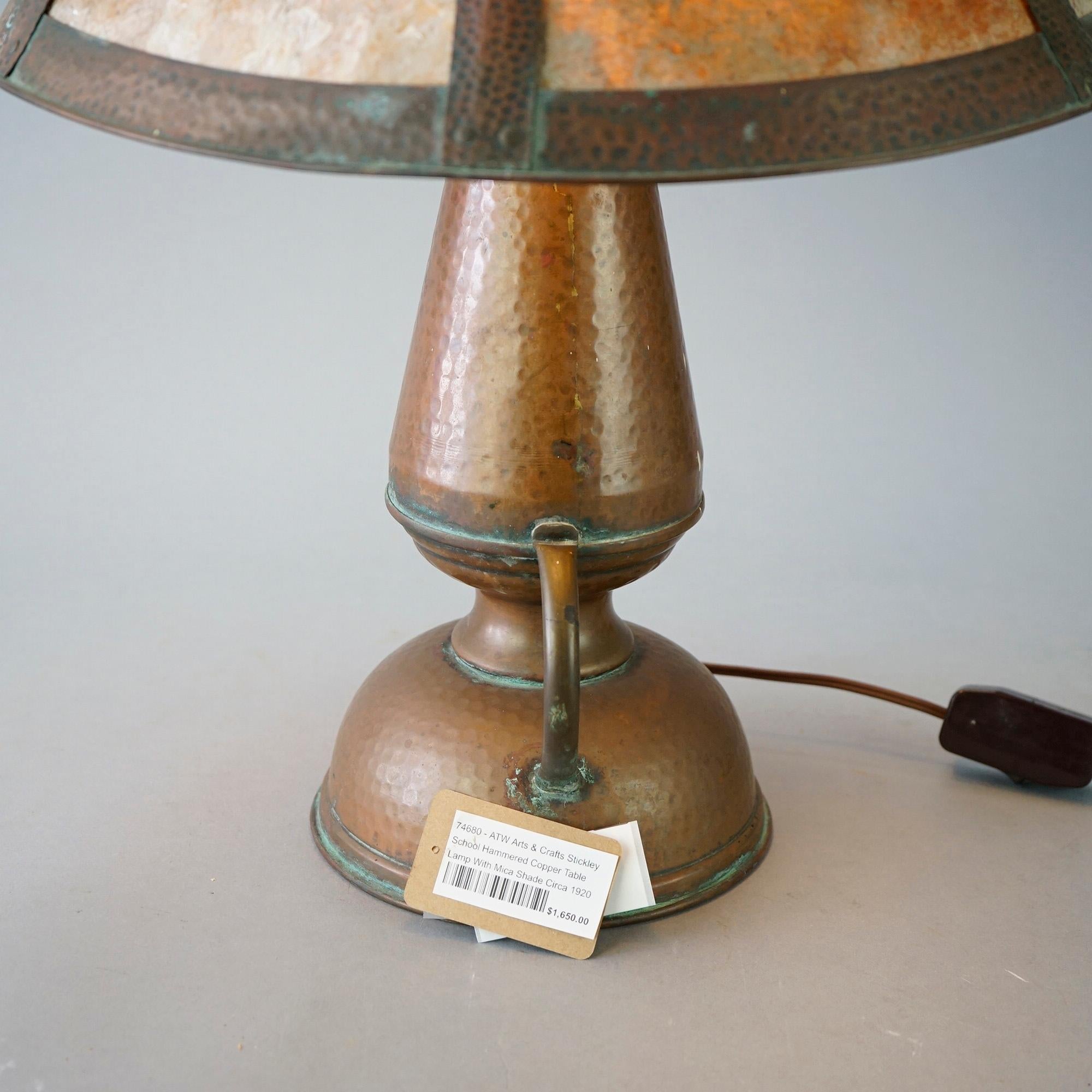 Antique Arts & Crafts Stickley School Hammered Copper Lamp & Mica Shade c1920 4