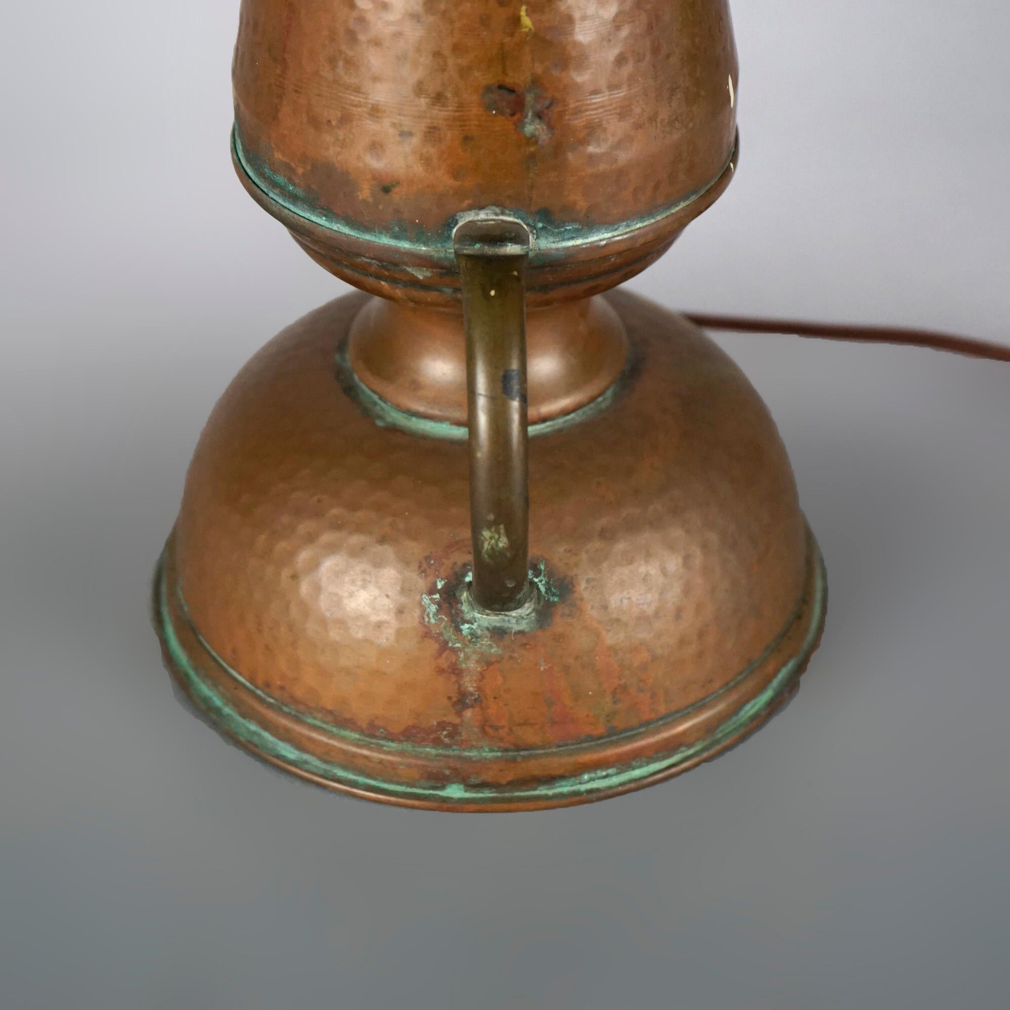 Antique Arts & Crafts Stickley School Hammered Copper Lamp & Mica Shade c1920 5