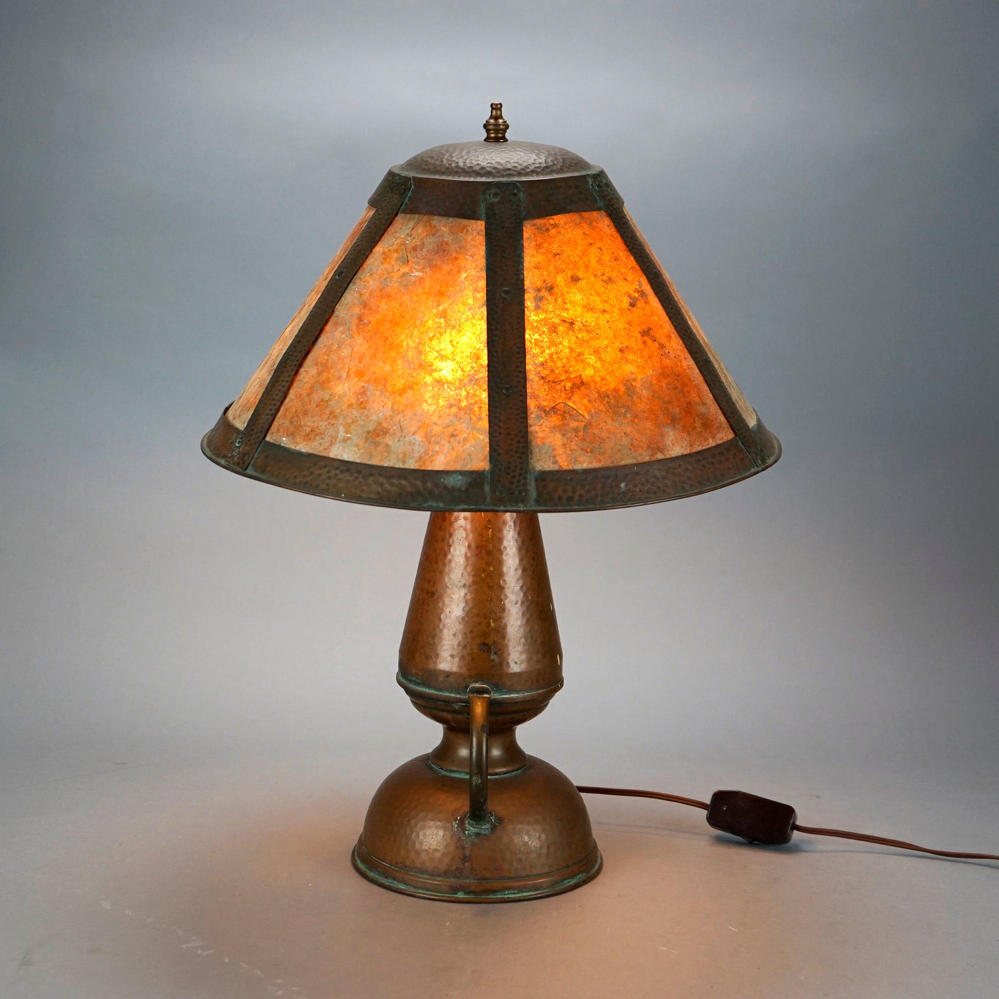 Arts and Crafts Antique Arts & Crafts Stickley School Hammered Copper Lamp & Mica Shade c1920