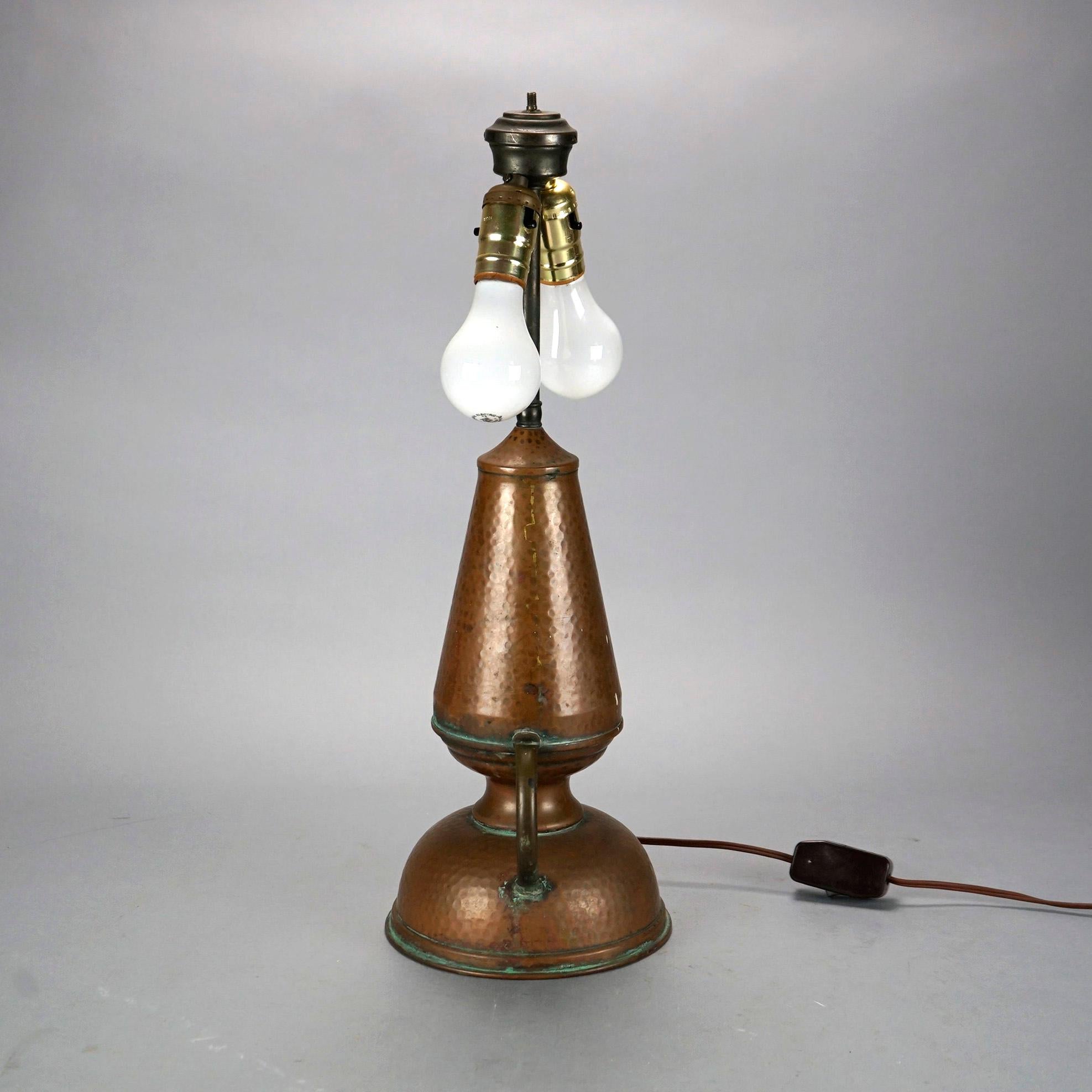 American Antique Arts & Crafts Stickley School Hammered Copper Lamp & Mica Shade c1920