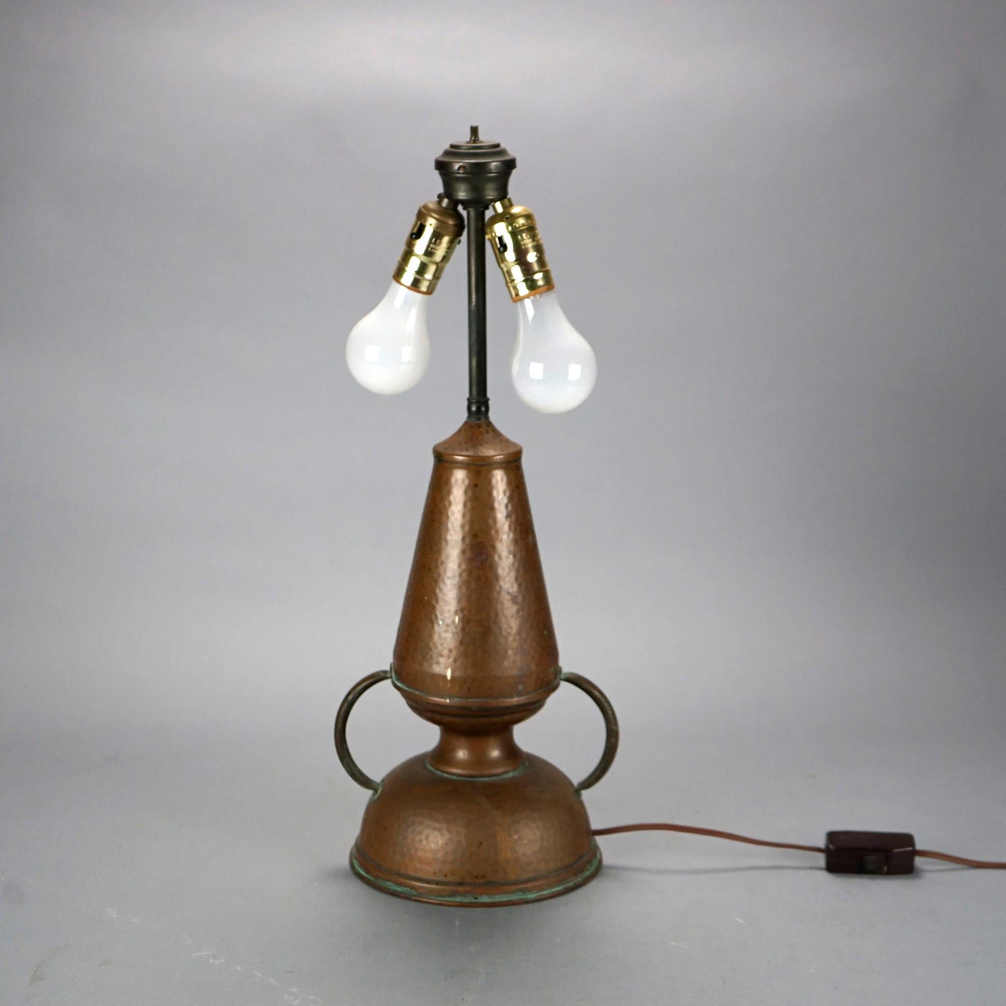 20th Century Antique Arts & Crafts Stickley School Hammered Copper Lamp & Mica Shade c1920