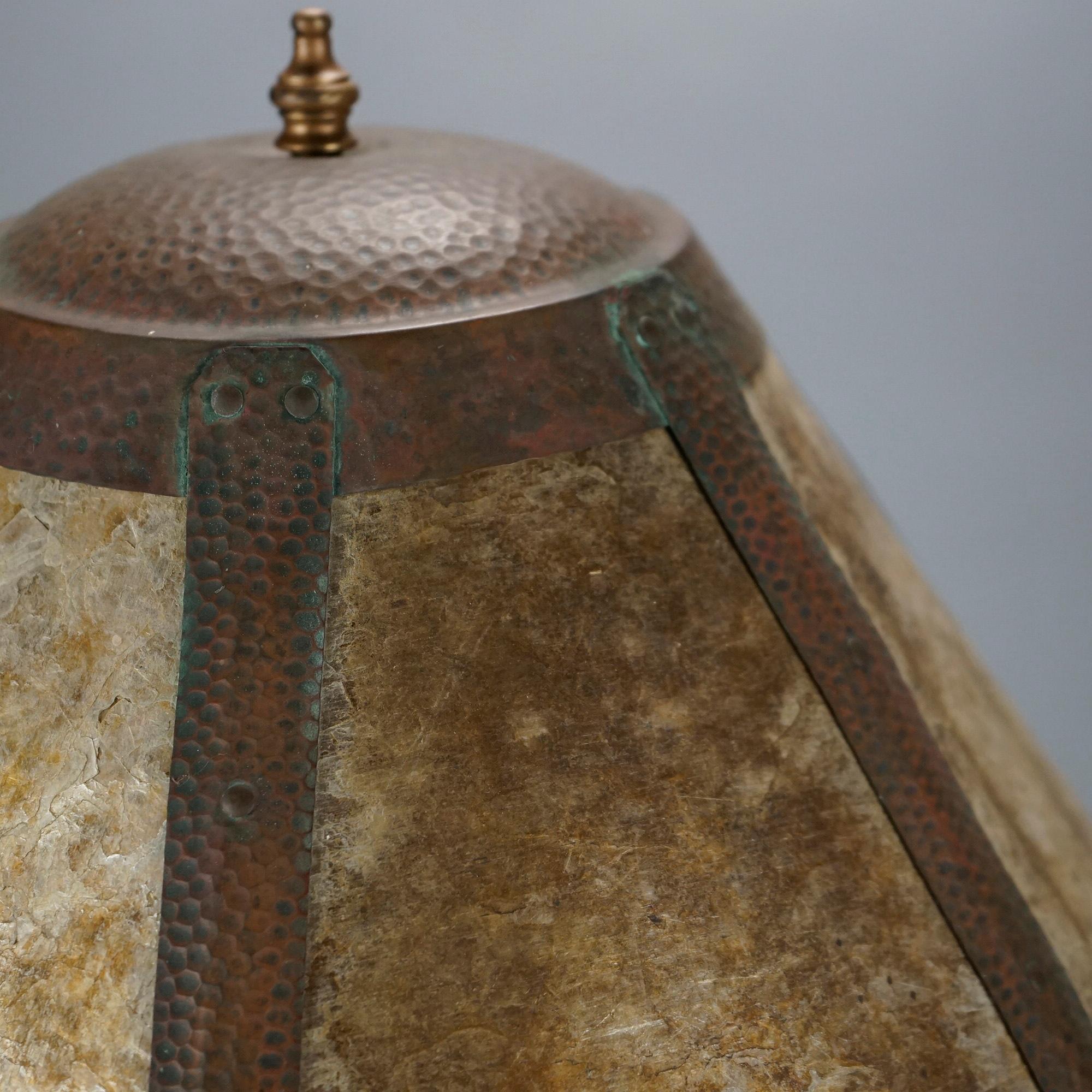 Antique Arts & Crafts Stickley School Hammered Copper Lamp & Mica Shade c1920 2