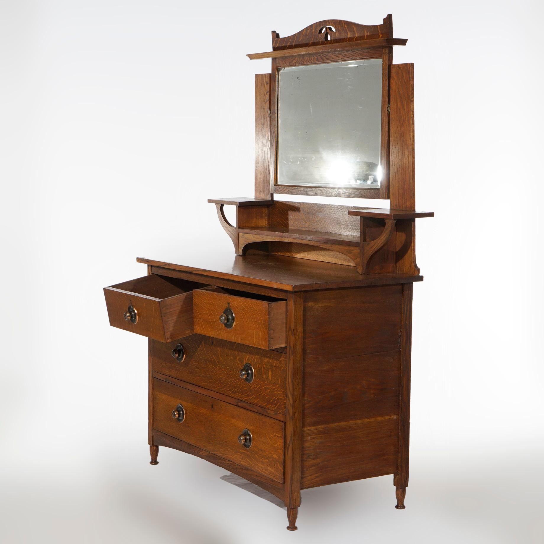 American Antique Arts & Crafts Stickley School Mission Cutout Oak Mirrored Dresser C1910