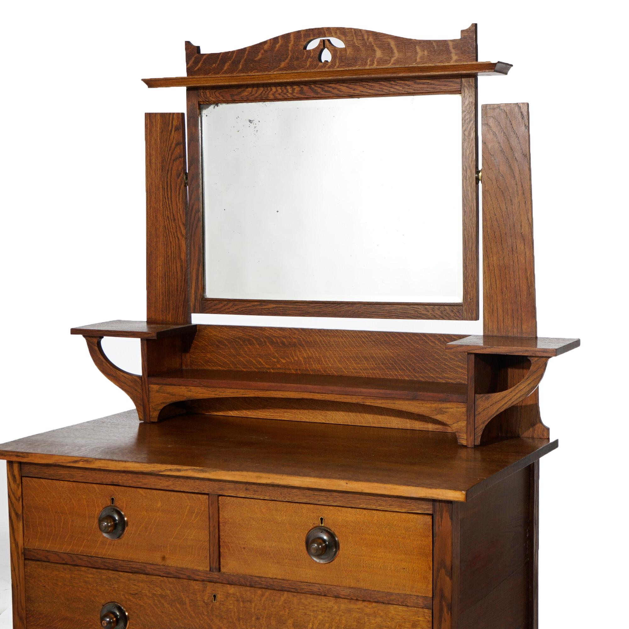 Antique Arts & Crafts Stickley School Mission Cutout Oak Mirrored Dresser C1910 2