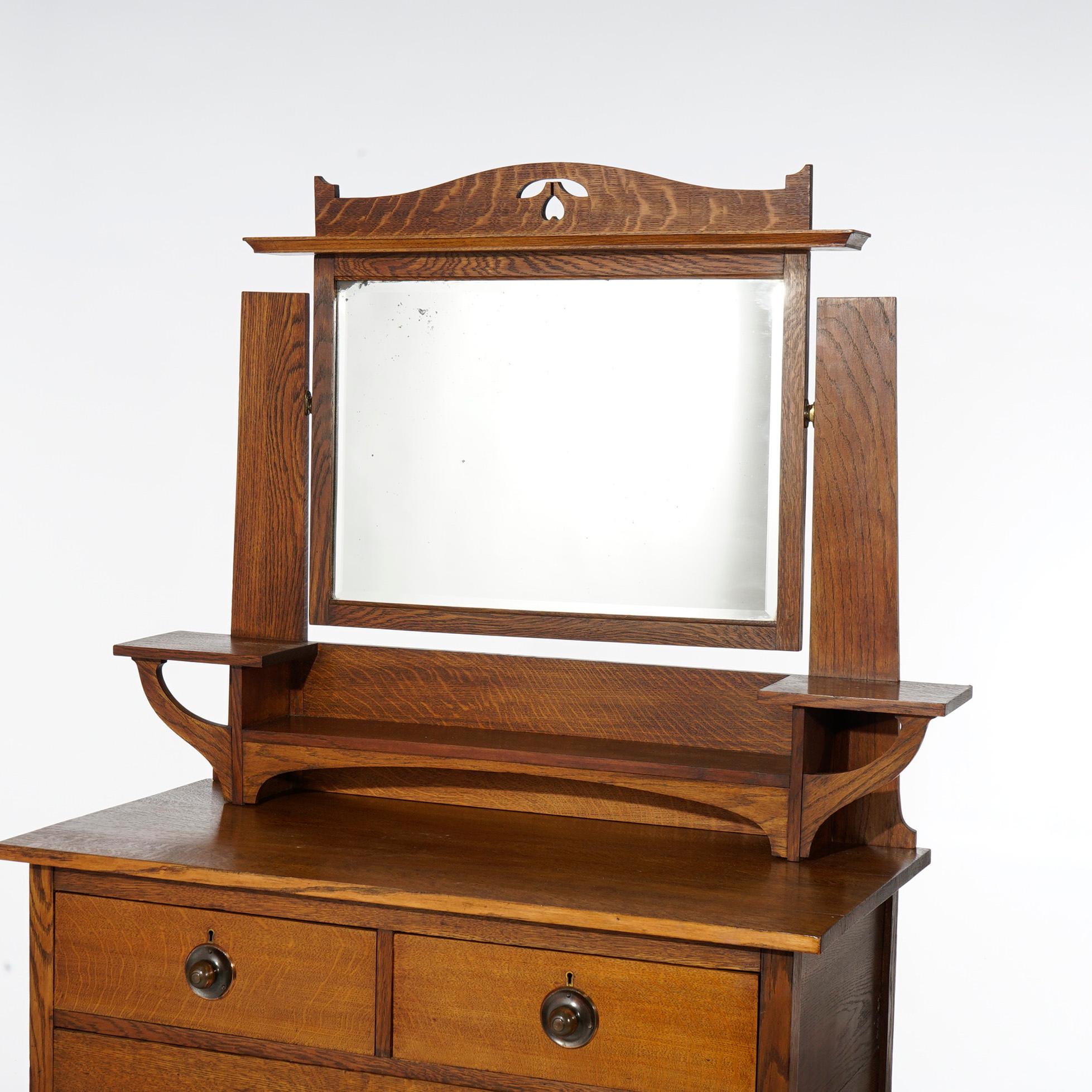 Antique Arts & Crafts Stickley School Mission Cutout Oak Mirrored Dresser C1910 3