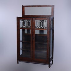 Antique Arts & Crafts Stickley School Mission Oak & Leaded Glass Cabinet, c1910