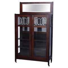 Antique Arts & Crafts Stickley School Mission Oak & Leaded Glass Cabinet, c1910