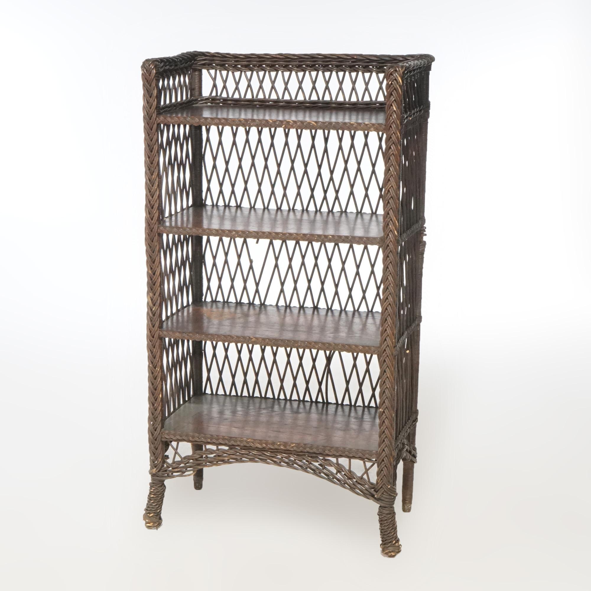 American Antique Arts & Crafts Stickley School Wicker & Oak Book Stand, circa 1910