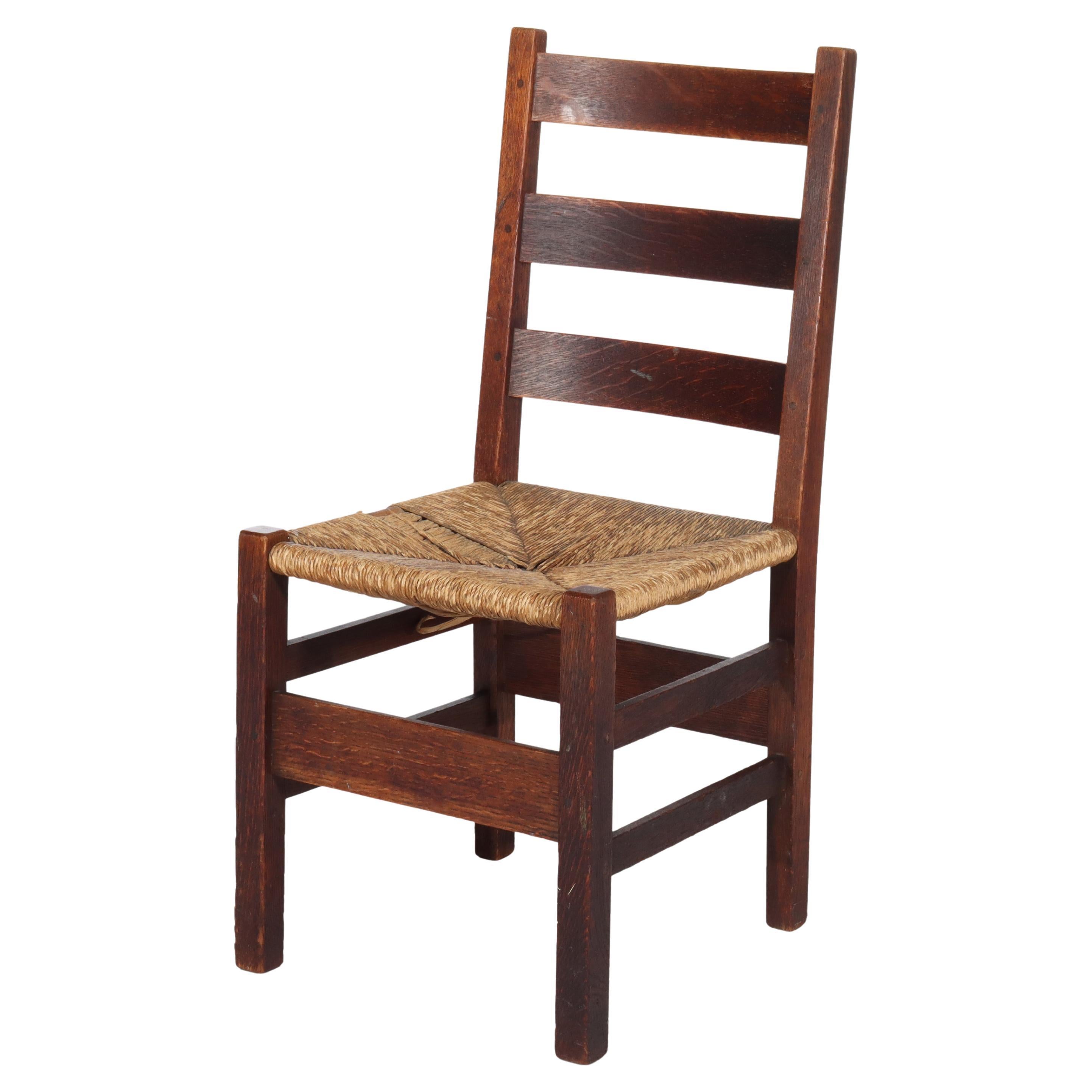 Antique Arts & Crafts Stickley Slat Back Oak Chair with Rush Seat Unsigned C1910