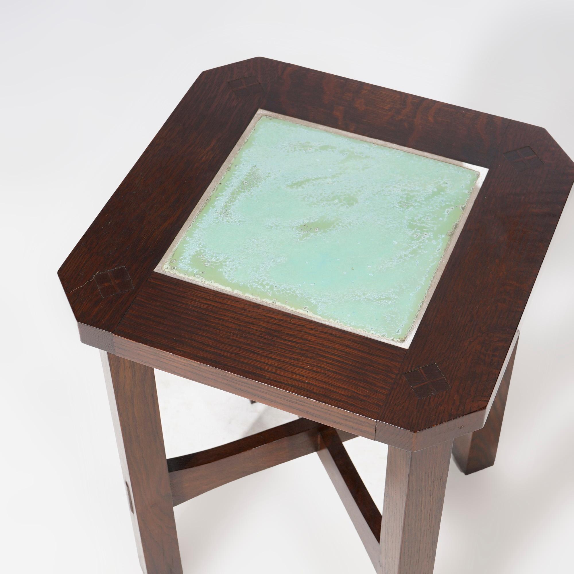 20th Century Arts & Crafts Stickley Mission Oak & Tile Clip Corner Table 20thC