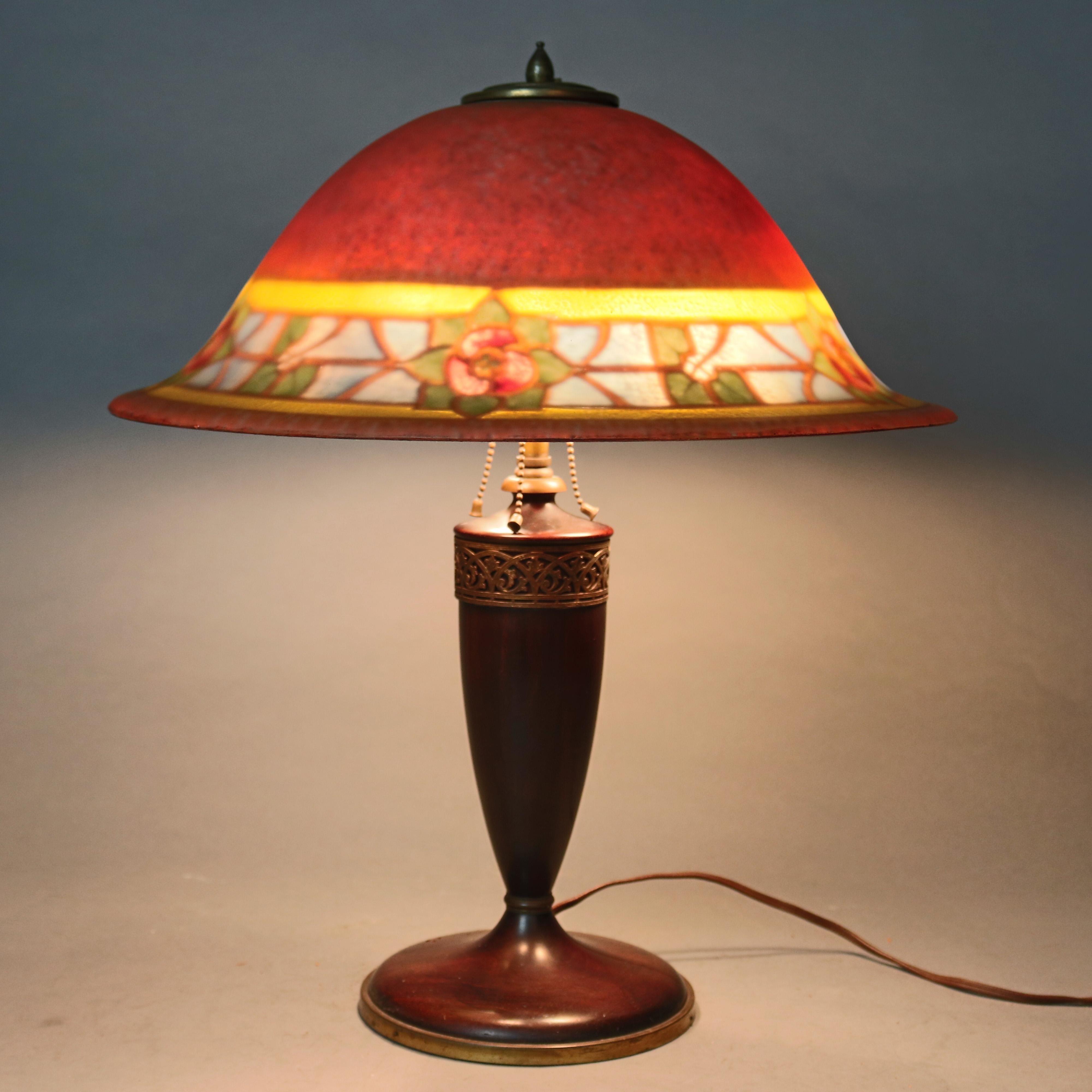 Arts and Crafts Antique Arts & Crafts Stylized Floral Reverse Painted Pairpoint Lamp, circa 1920