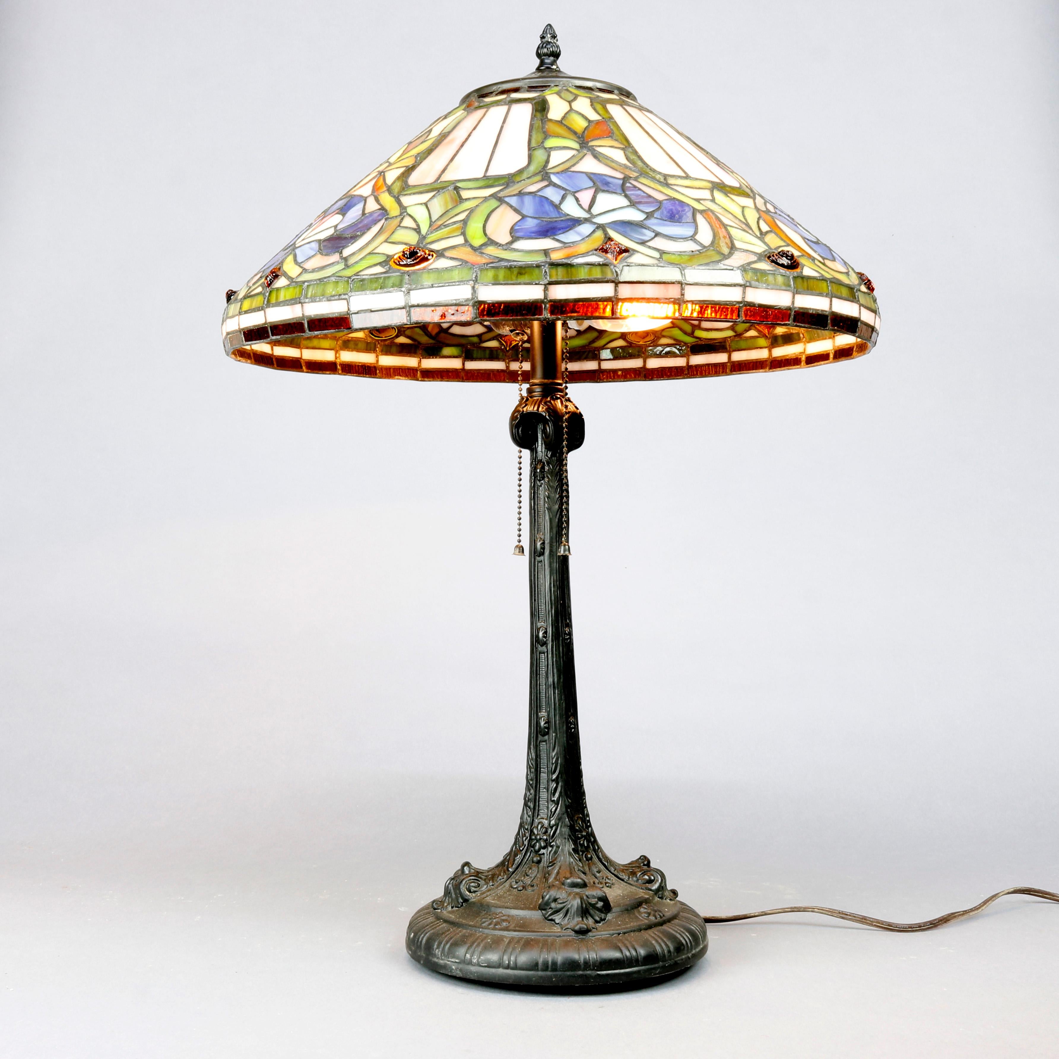 Arts and Crafts Antique Arts & Crafts Stylized Floral Slag, Stained and Jewel Glass Lamp