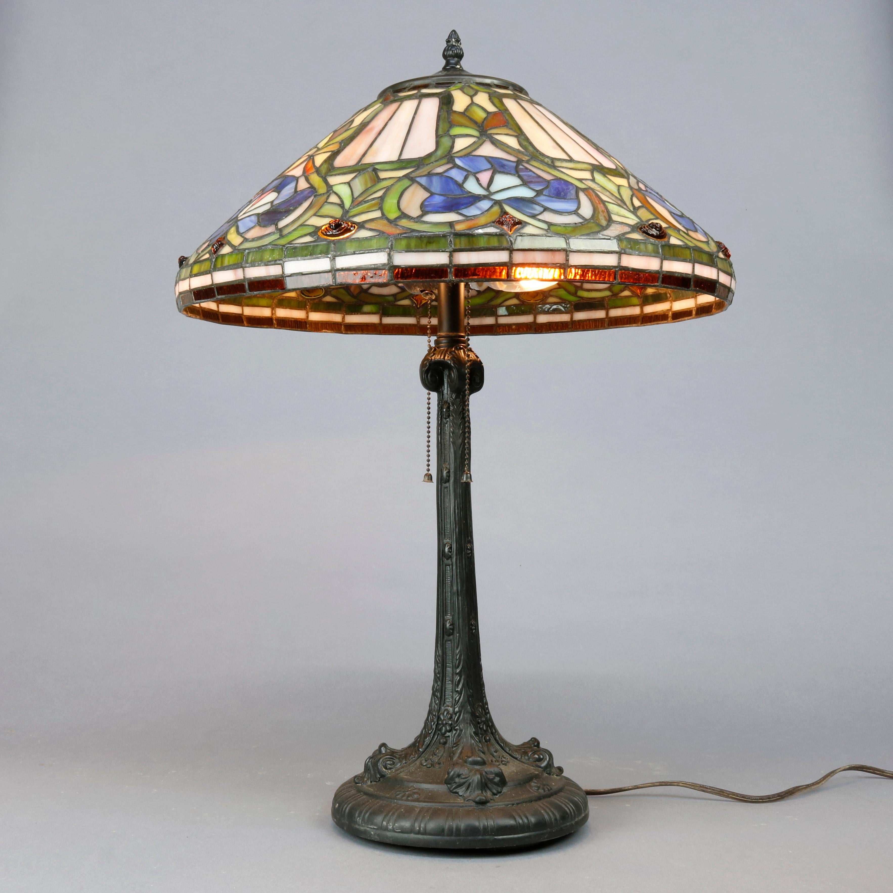 Cast Antique Arts & Crafts Stylized Floral Slag, Stained and Jewel Glass Lamp