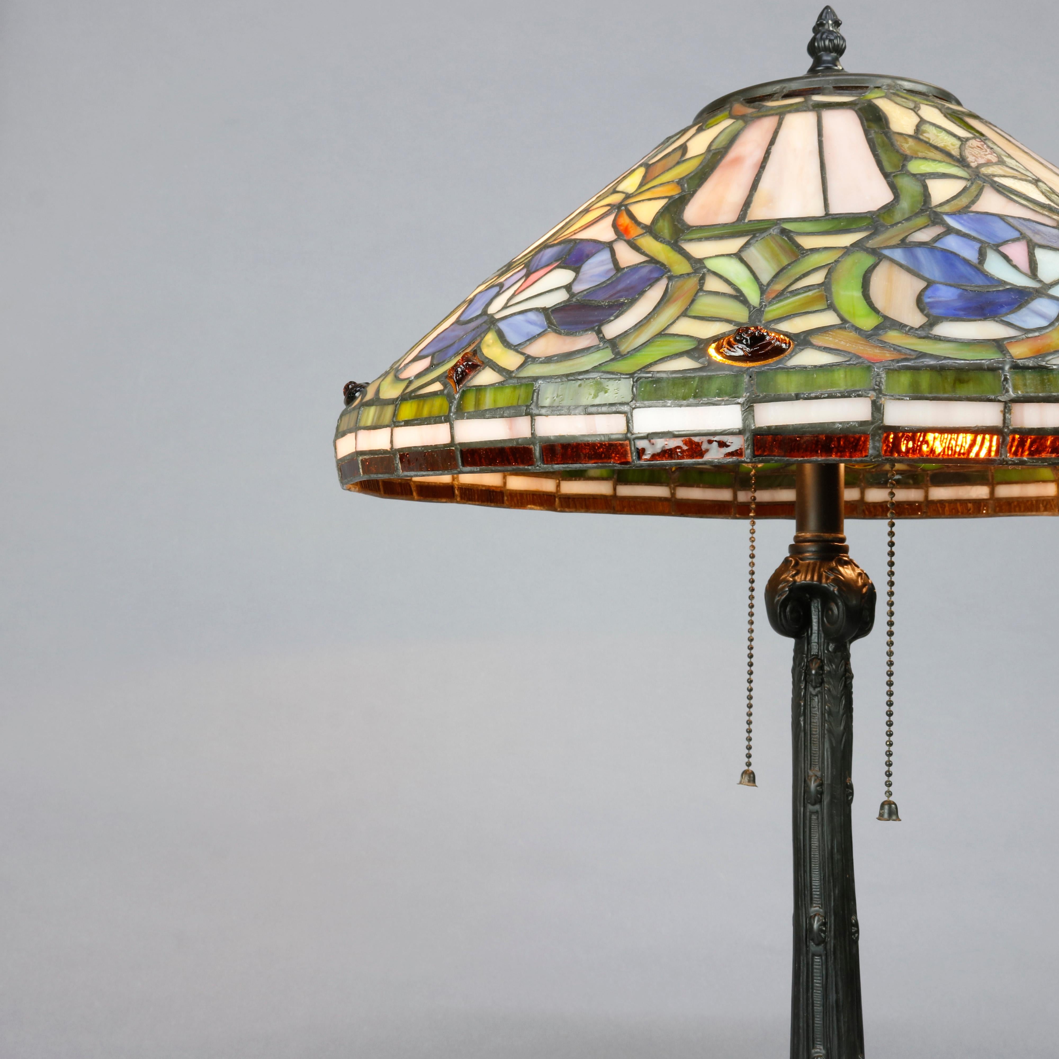Antique Arts & Crafts Stylized Floral Slag, Stained and Jewel Glass Lamp In Good Condition In Big Flats, NY