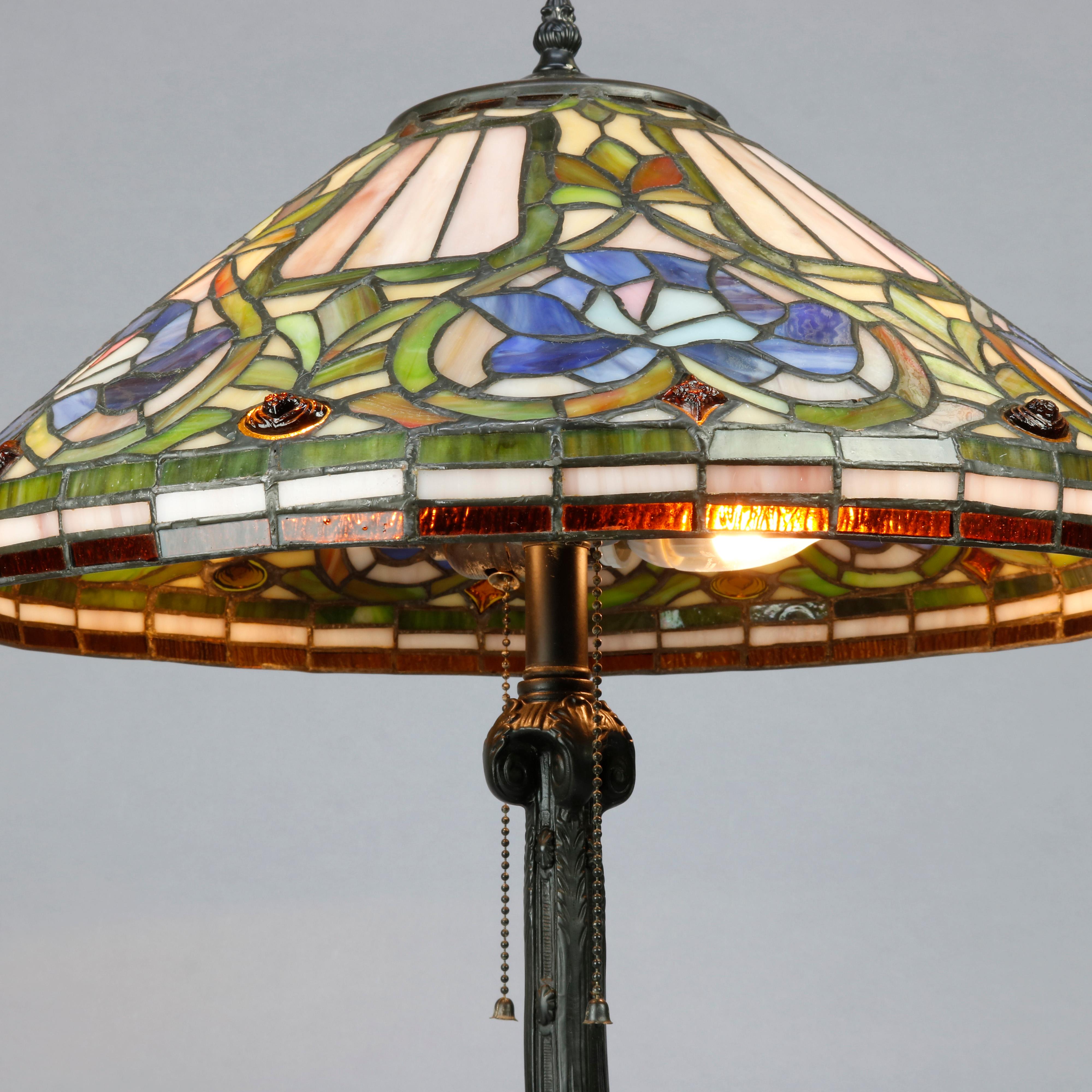 20th Century Antique Arts & Crafts Stylized Floral Slag, Stained and Jewel Glass Lamp