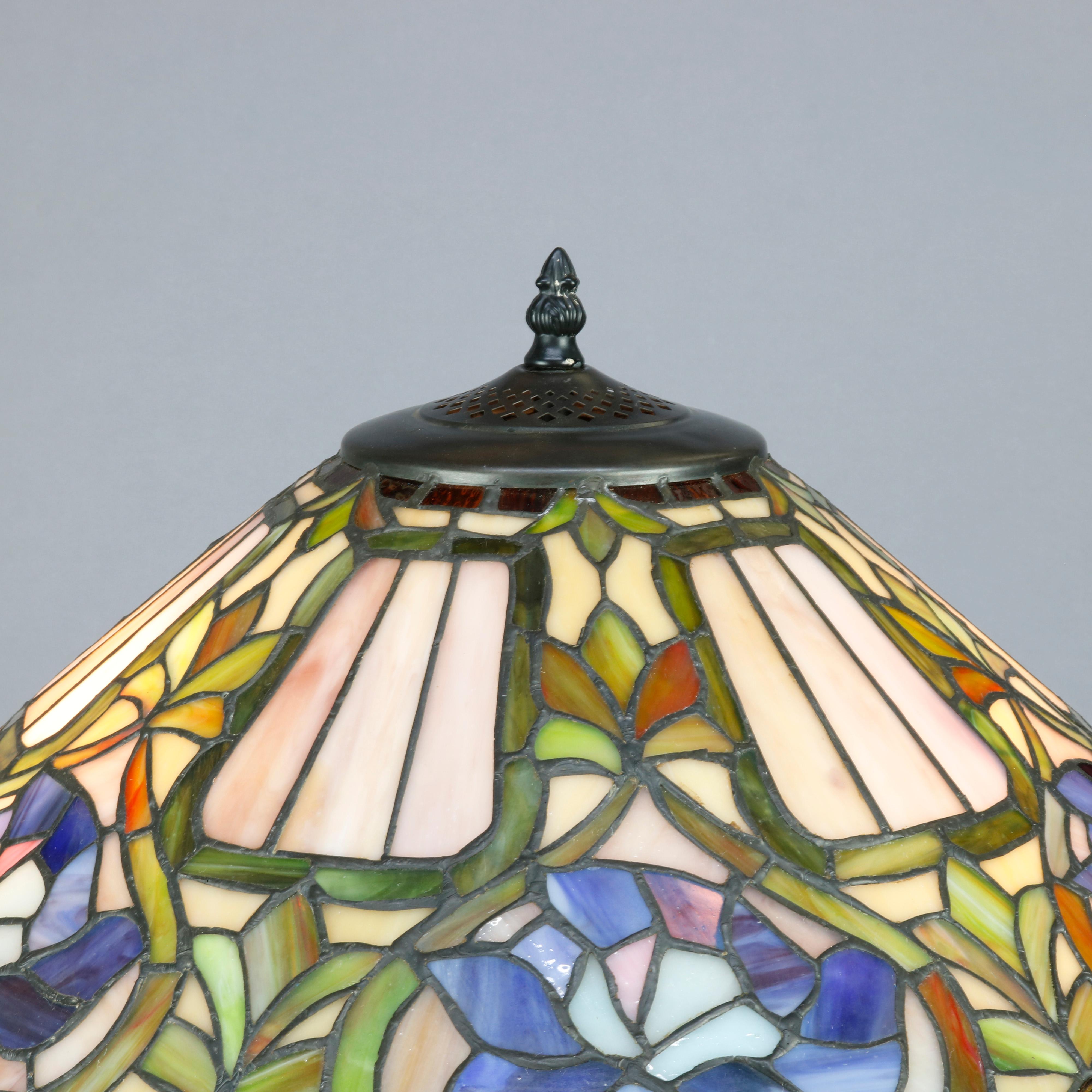 Lead Antique Arts & Crafts Stylized Floral Slag, Stained and Jewel Glass Lamp