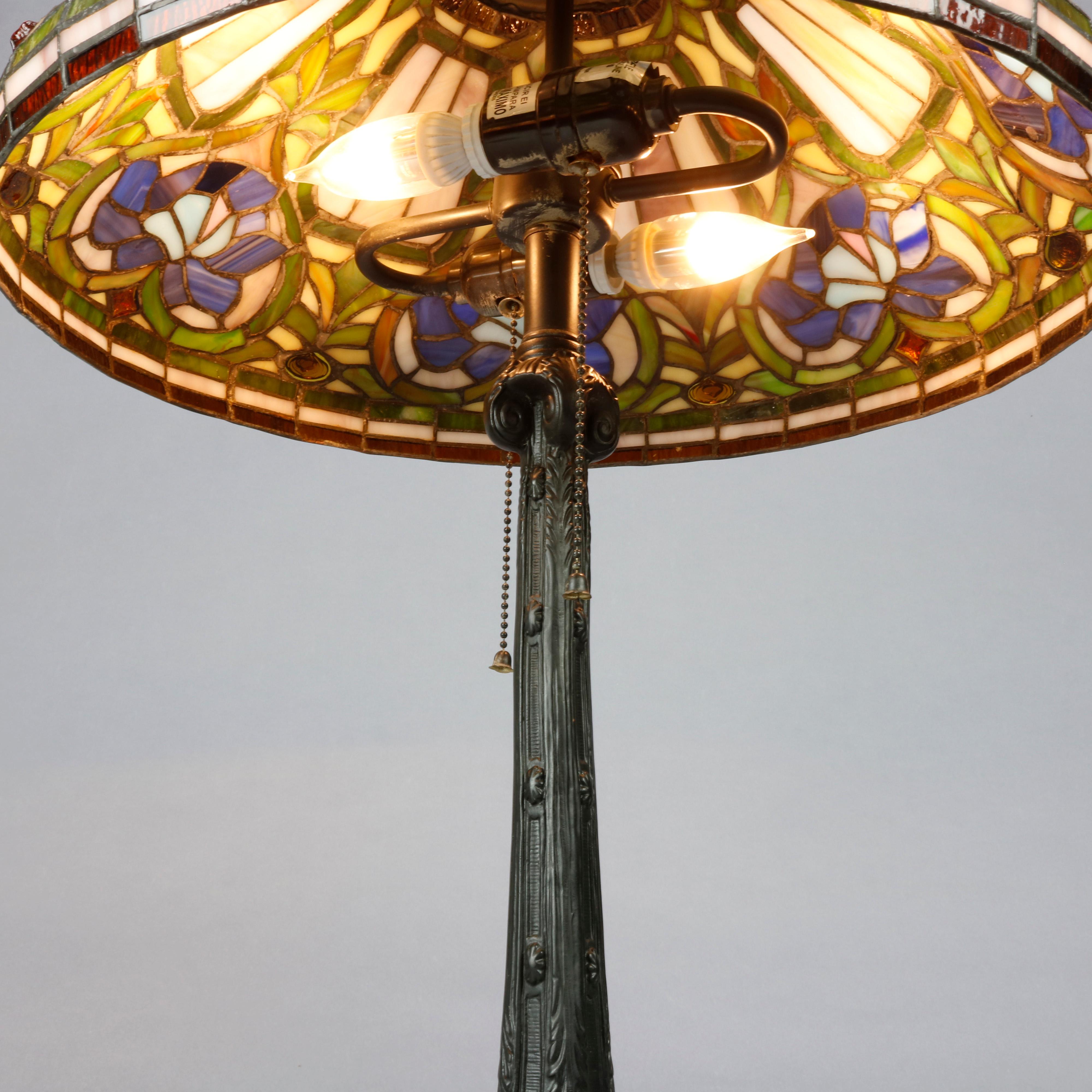Antique Arts & Crafts Stylized Floral Slag, Stained and Jewel Glass Lamp 1