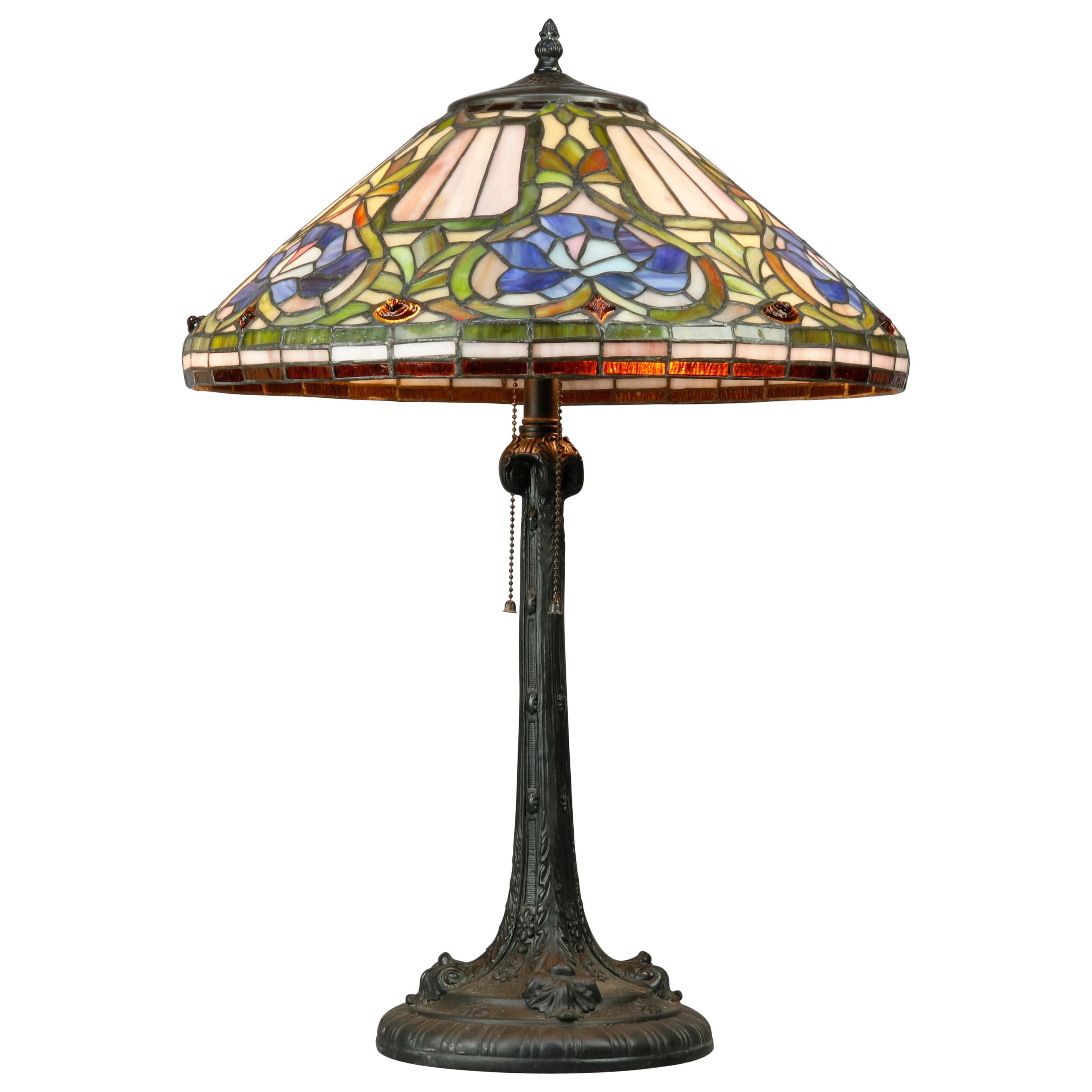 Antique Arts & Crafts Stylized Floral Slag, Stained and Jewel Glass Lamp