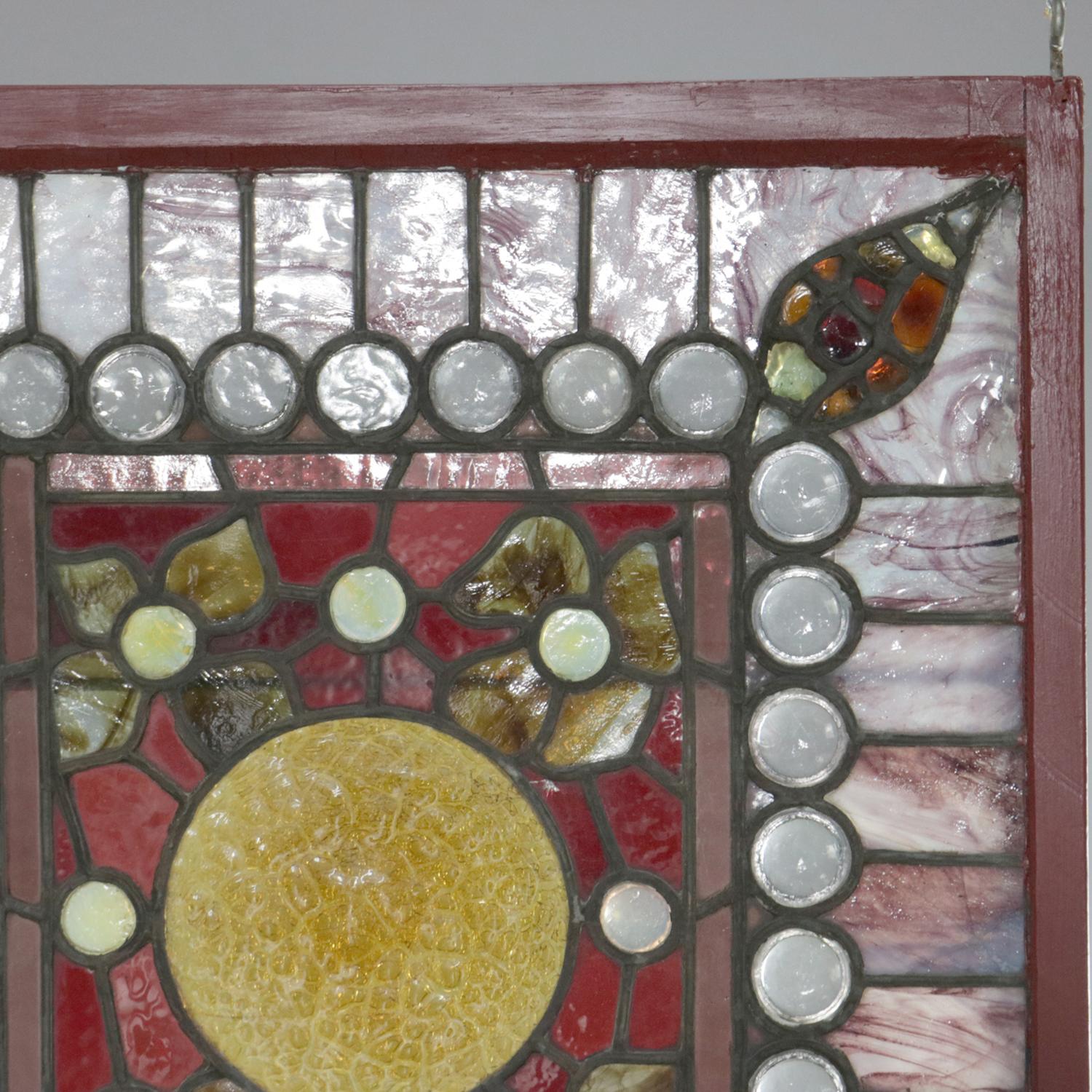 Antique Arts & Crafts Stylized Foliate Leaded Jewel and Slag Glass Windows 4