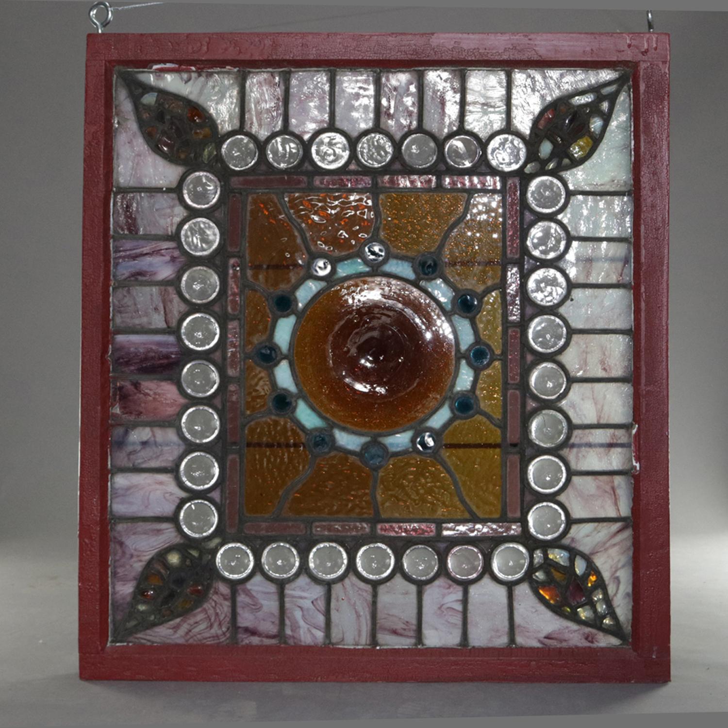 Antique Arts & Crafts Stylized Foliate Leaded Jewel and Slag Glass Windows 6